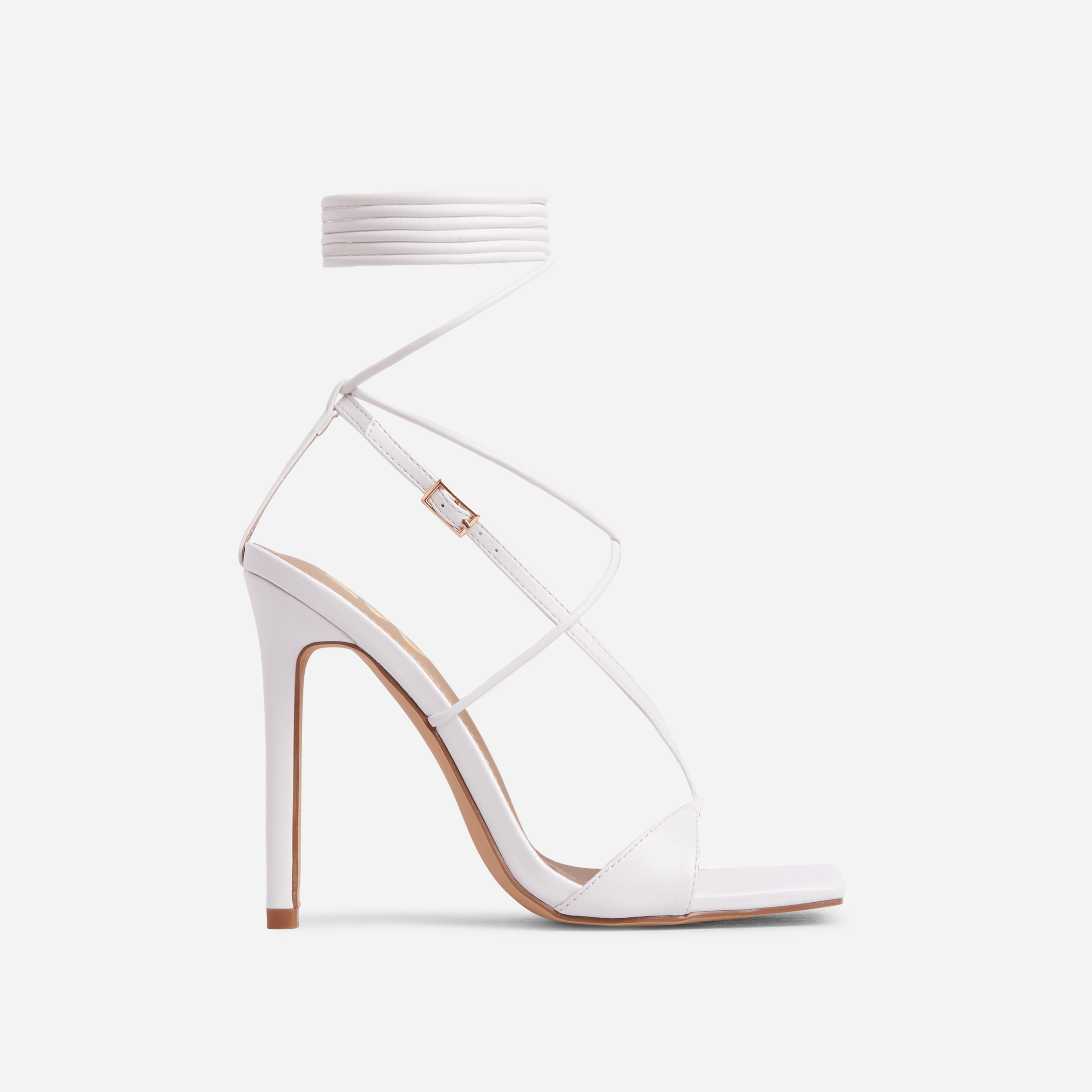 Aria Lace Up Strappy Square Toe Stiletto Heel In White Faux Leather, White (EGO SHOES)