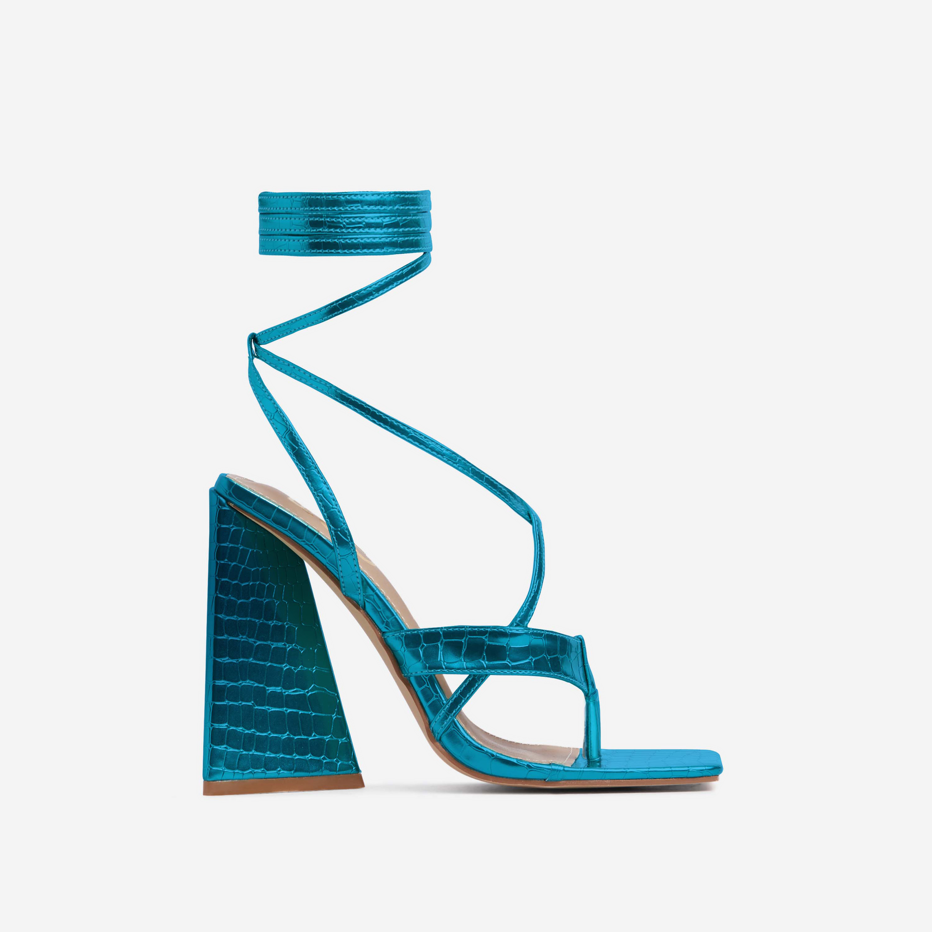 Salma Strappy Lace Up Square Toe Sculptured Flared Block Heel In Metallic Blue Croc Print Faux Leather, Blue (EGO SHOES)