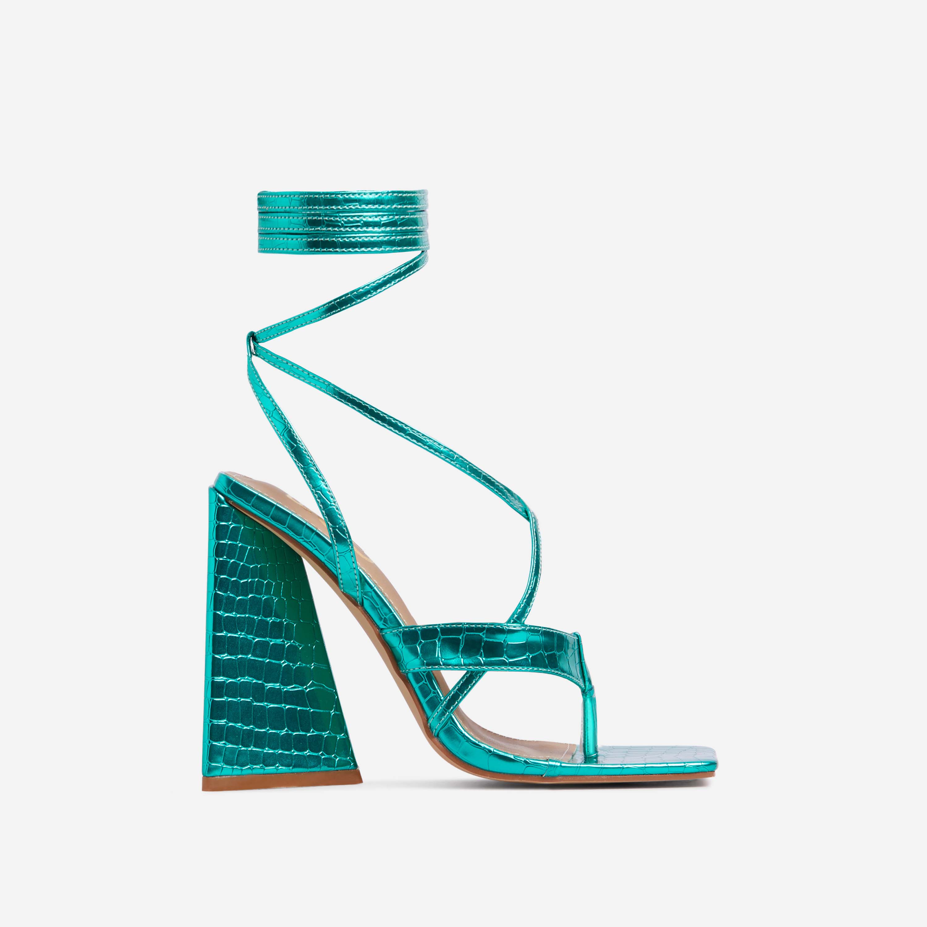 Salma Strappy Lace Up Square Toe Sculptured Flared Block Heel In Metallic Green Croc Print Faux Leather, Green (EGO SHOES)