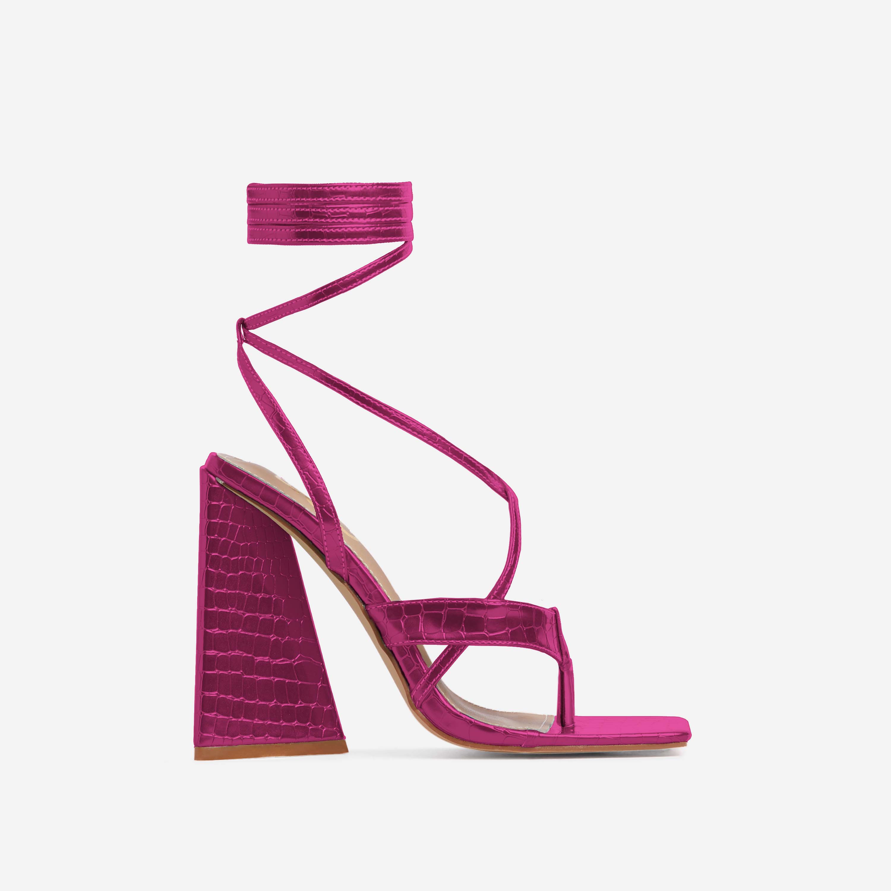 Salma Strappy Lace Up Square Toe Sculptured Flared Block Heel In Metallic Pink Croc Print Faux Leather, Pink (EGO SHOES)