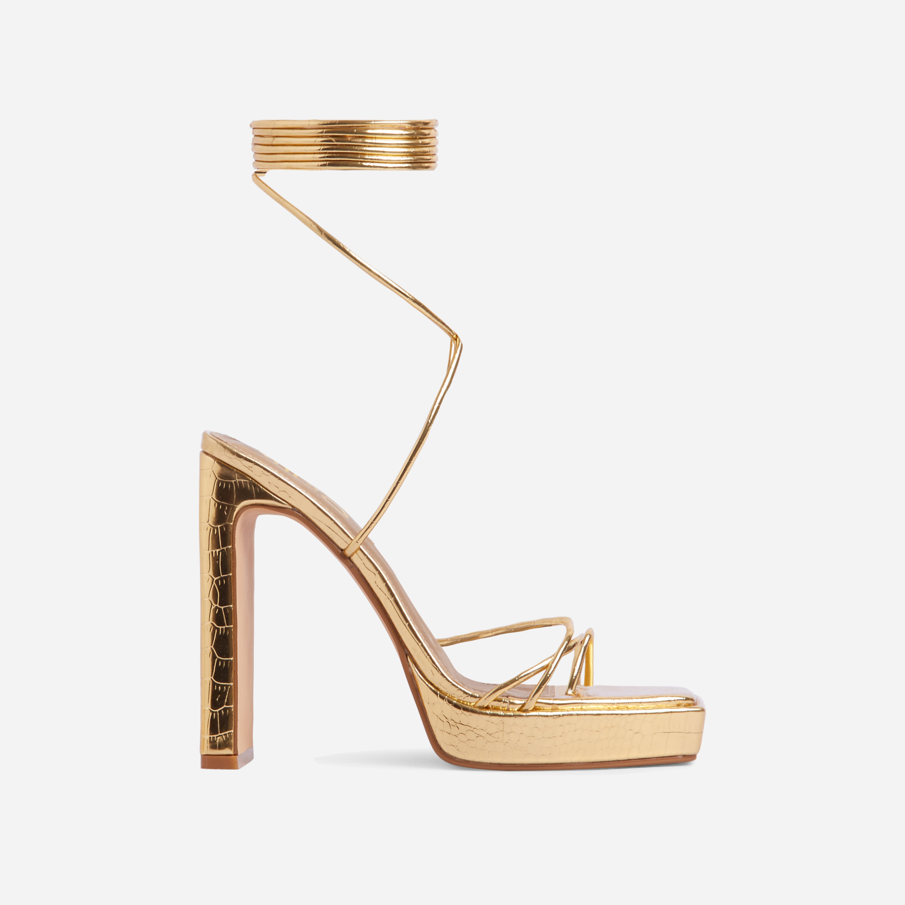 Gemini Strappy Lace Up Square Toe Platform Thin Block Heel In Gold Croc Print Faux Leather, Gold (EGO SHOES)