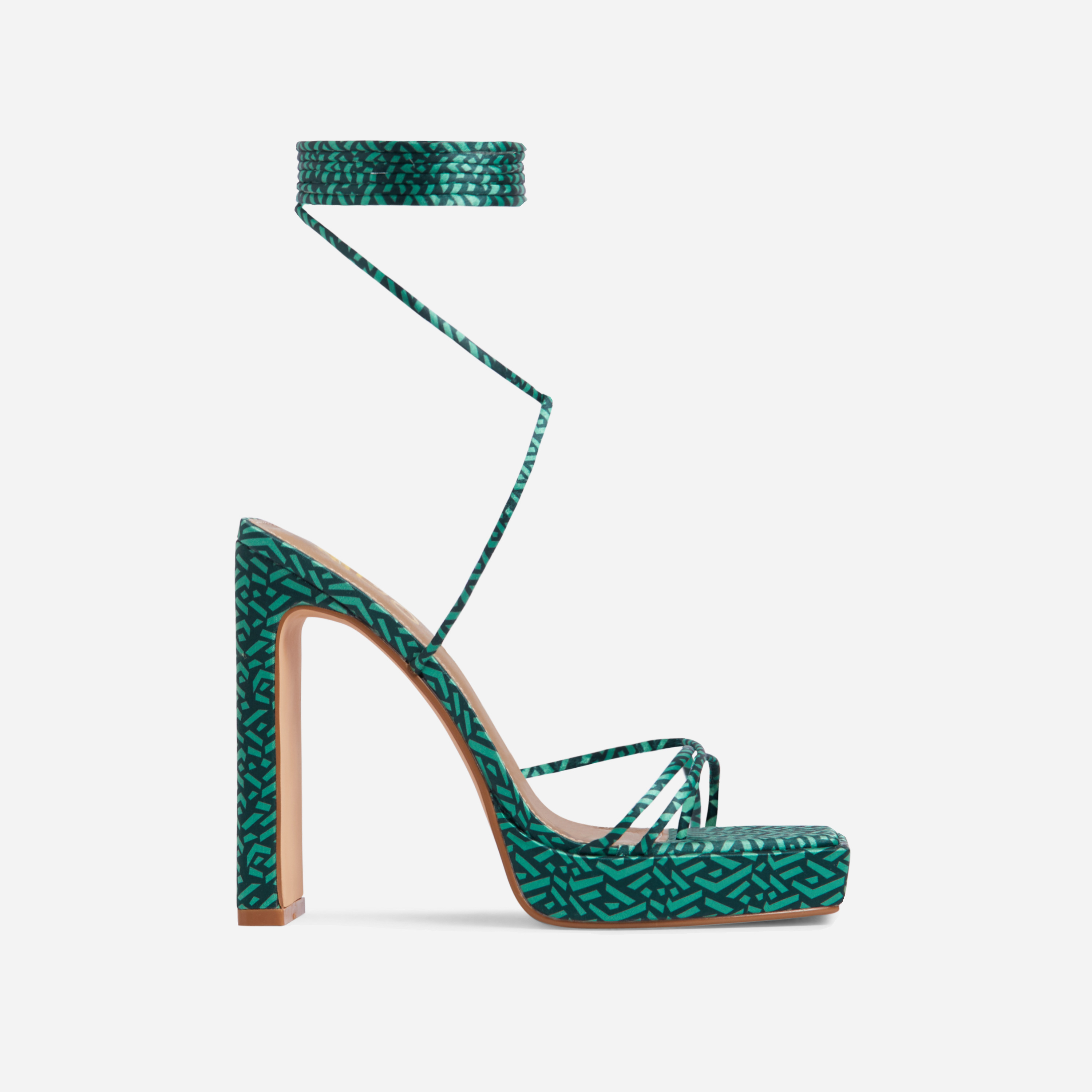 Gemini Strappy Lace Up Square Toe Platform Thin Block Heel In Green Printed Satin, Green (EGO SHOES)