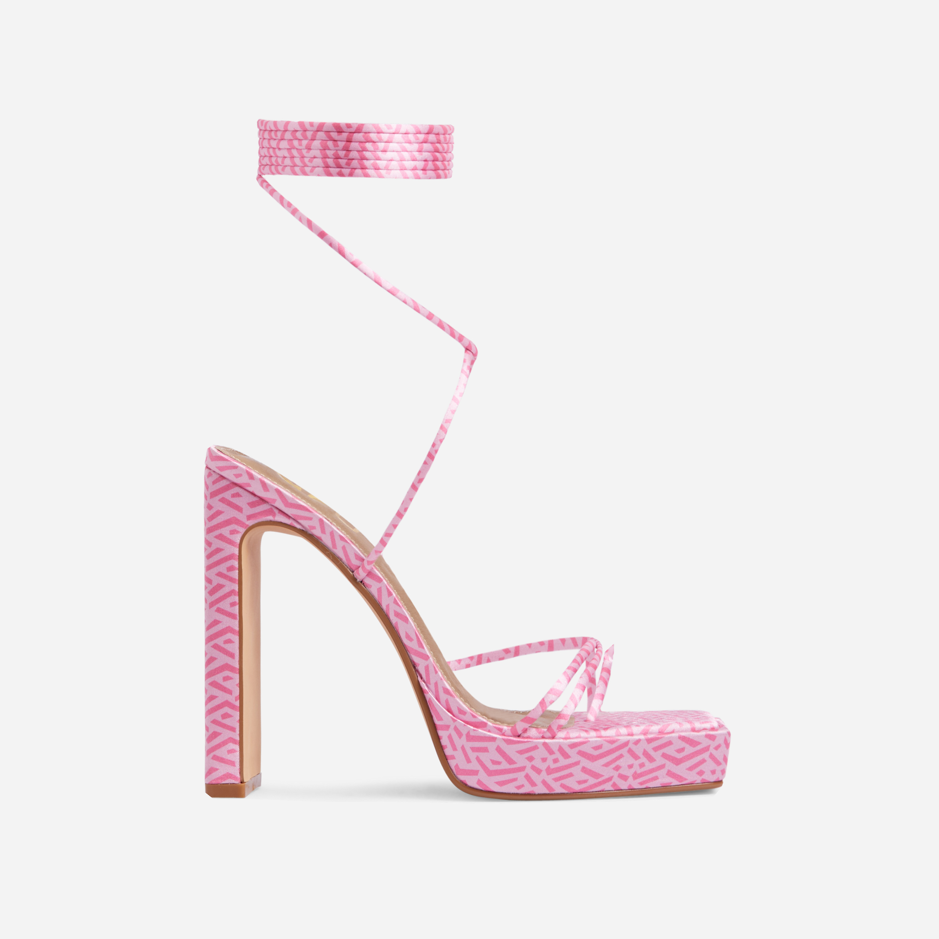 Gemini Strappy Lace Up Square Toe Platform Thin Block Heel In Pink Printed Satin, Pink (EGO SHOES)