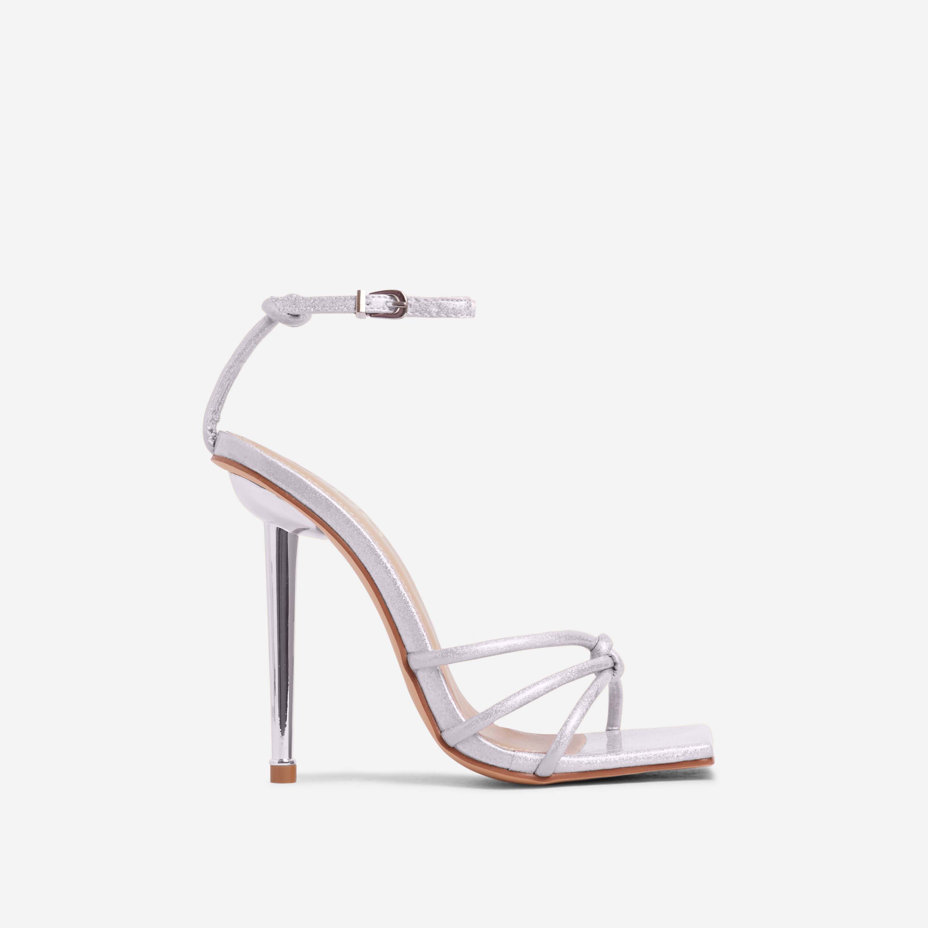 Camila Knotted Strap Square Toe Barely There Heel In Silver Metallic Glitter Faux Leather, Silver (EGO SHOES)