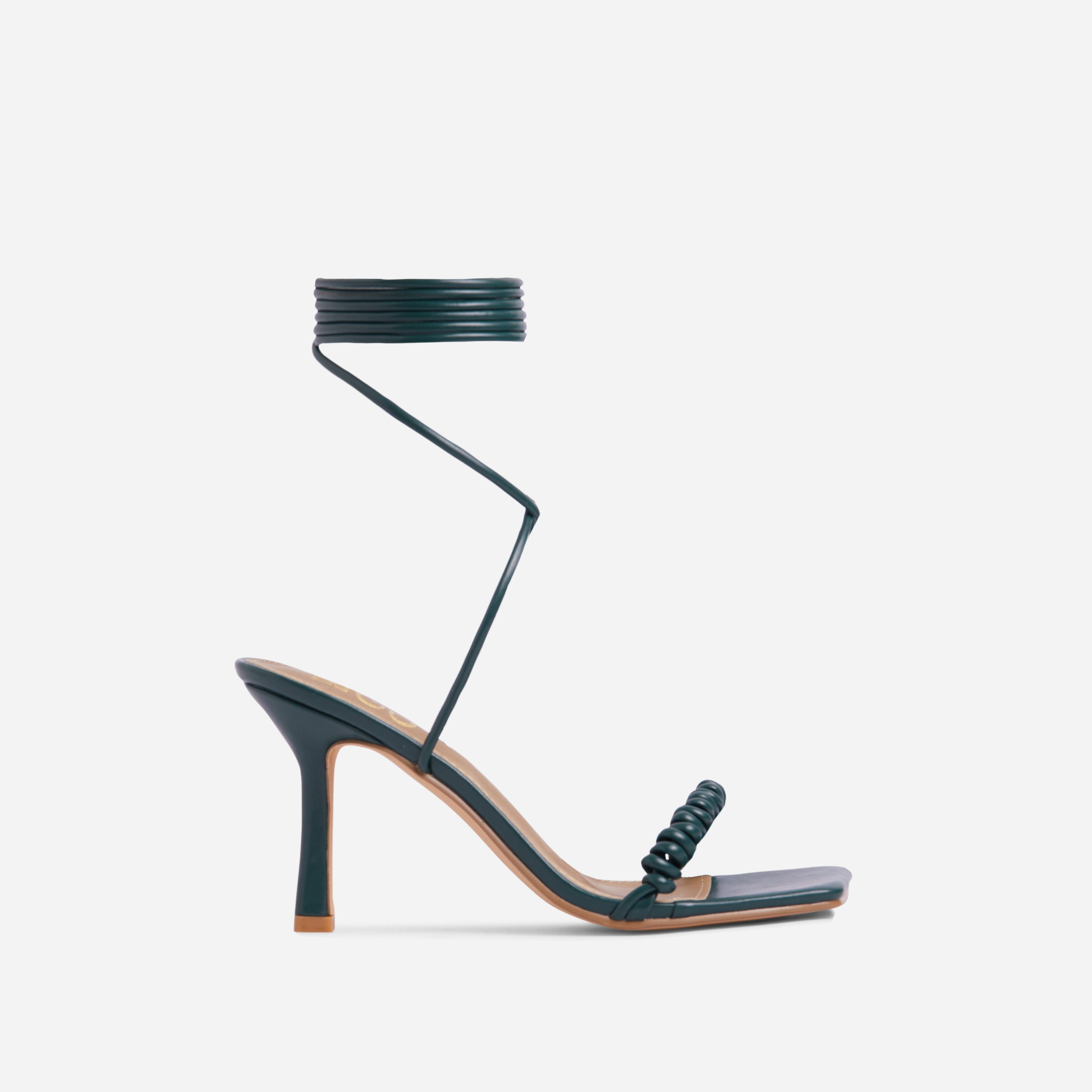 Livia Spiral Strap Detail Lace Up Square Toe Heel In Dark Green Faux Leather, Green (EGO SHOES)