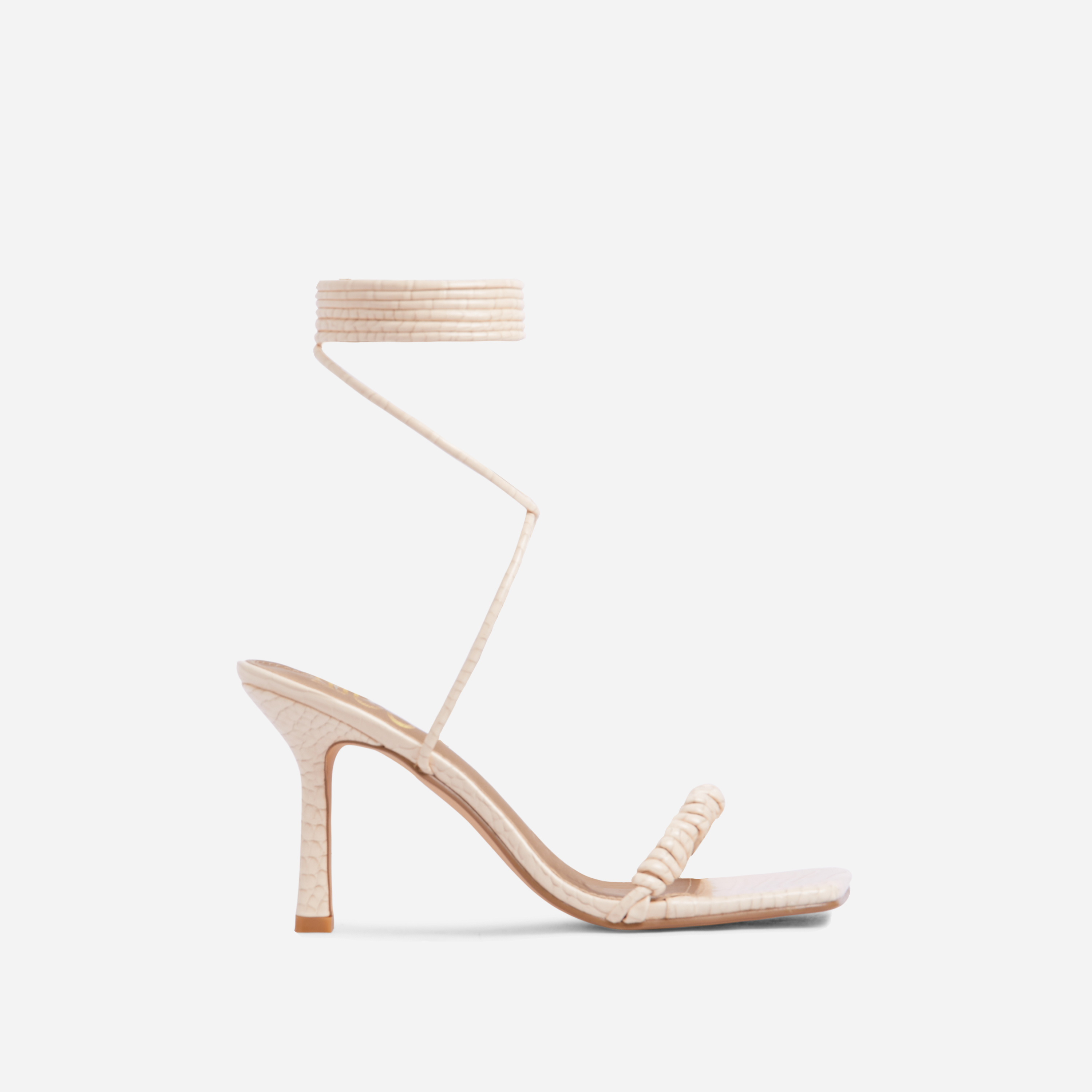 Livia Spiral Strap Detail Lace Up Square Toe Heel In Cream Nude Croc Print Faux Leather, Nude (EGO SHOES)