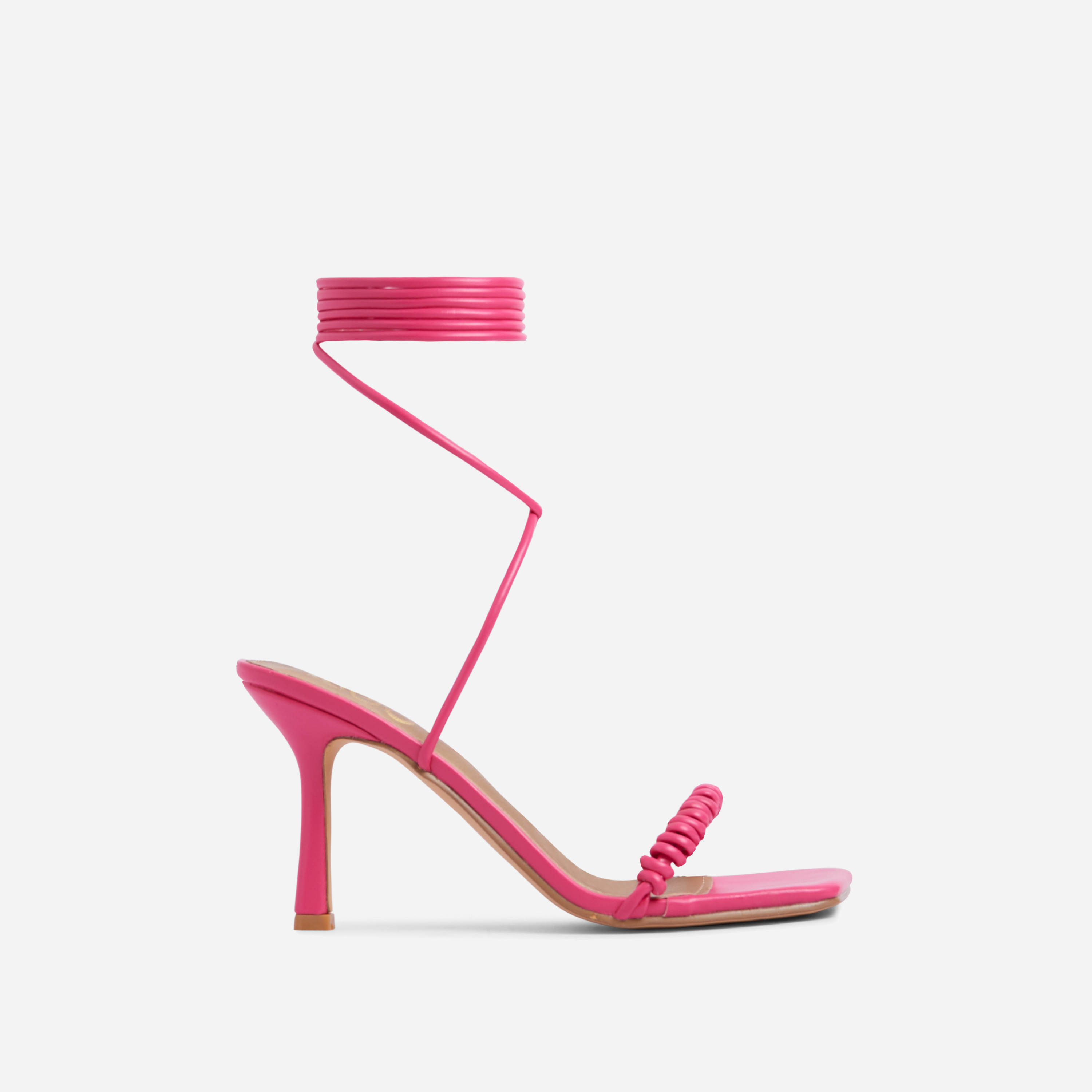 Livia Spiral Strap Detail Lace Up Square Toe Heel In Pink Faux Leather, Pink (EGO SHOES)