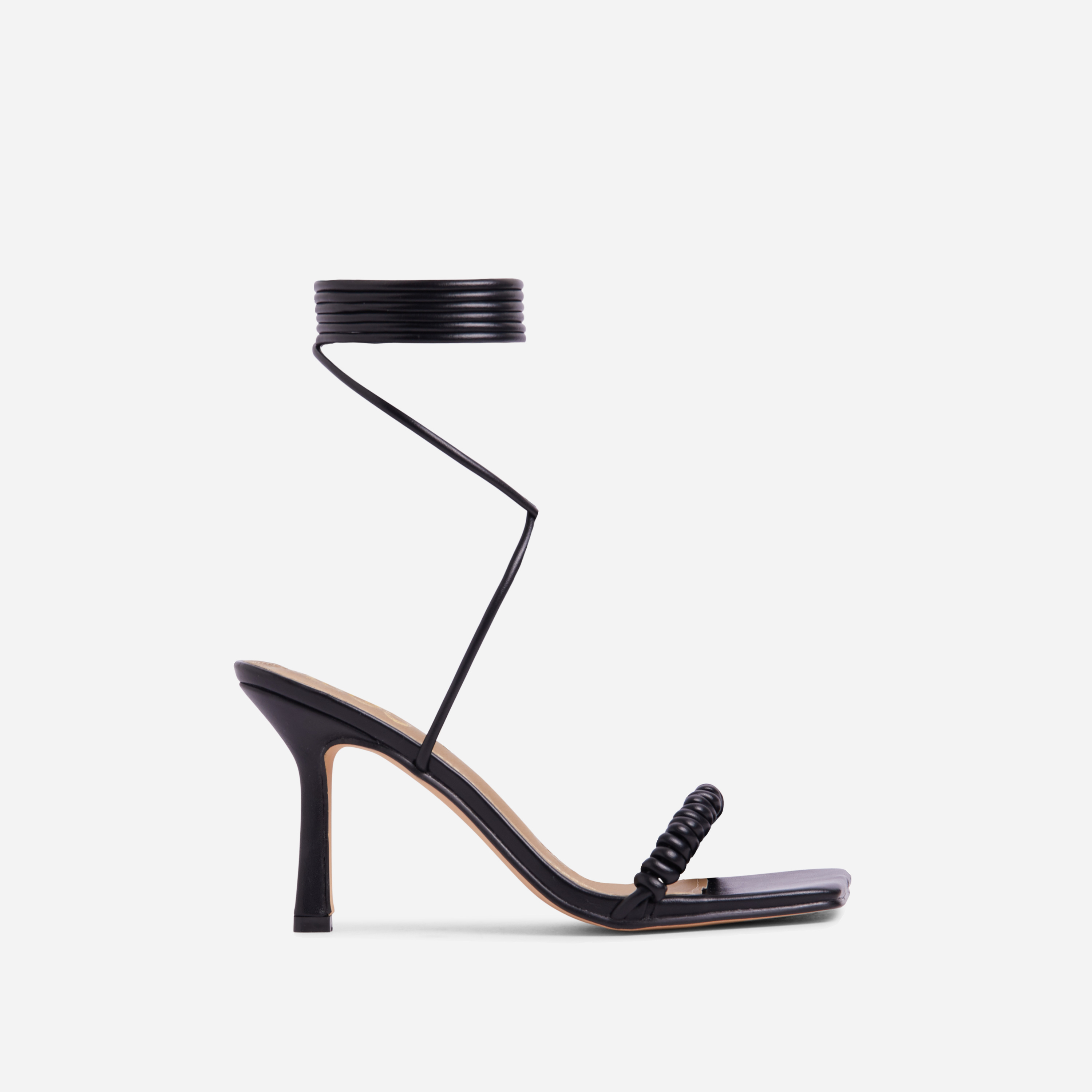 Livia Spiral Strap Detail Lace Up Square Toe Heel In Black Faux Leather, Black (EGO SHOES)