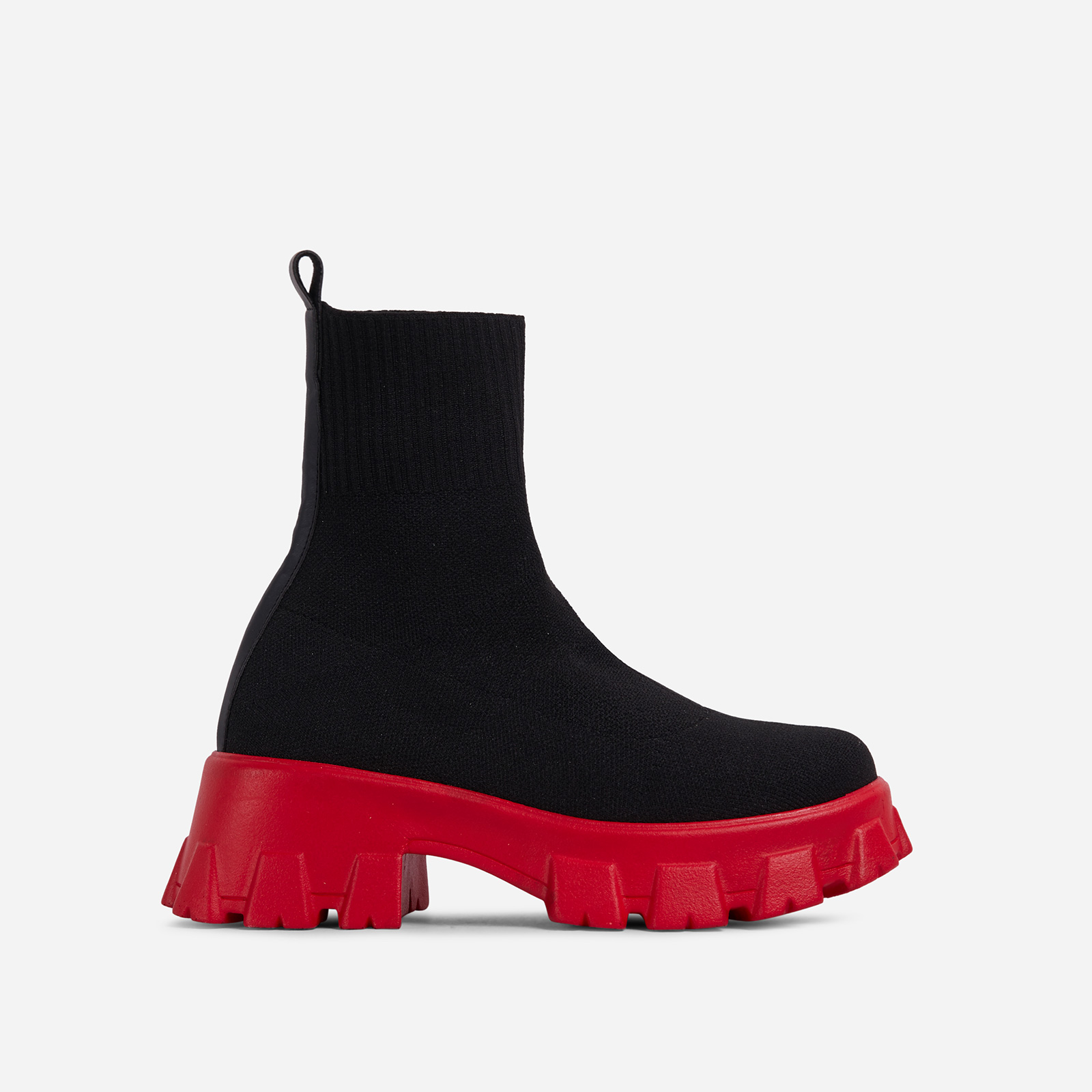 Don't-Trust Red Chunky Sole Ankle Chelsea Sock Biker Boot In Black Knit, Black (EGO SHOES)