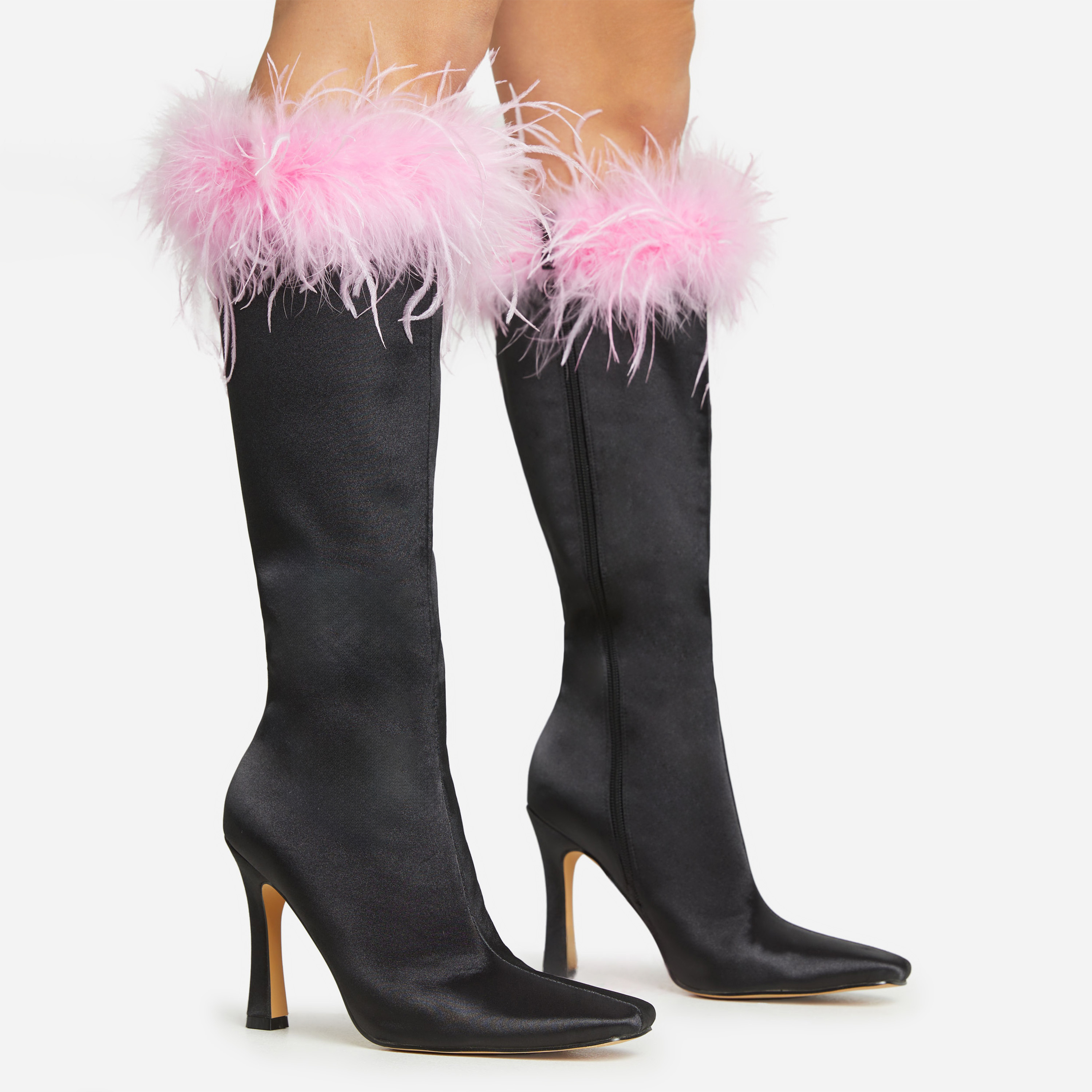 Sugared-Rim Pink Faux Feather Detail Pointed Toe Flared Block Heel