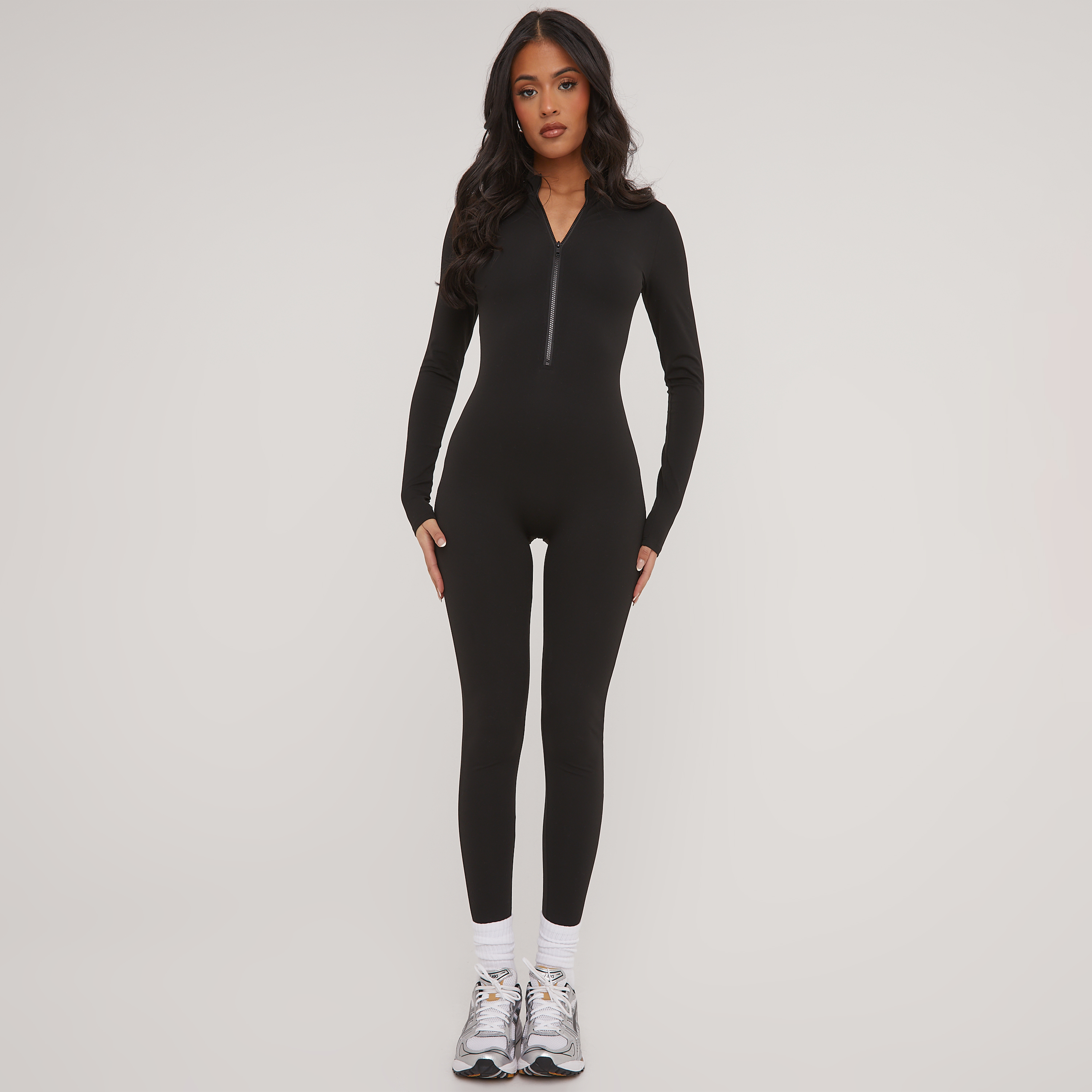 Seamless Ribbed Jumpsuit Structured Contour Unitard With Zip Front