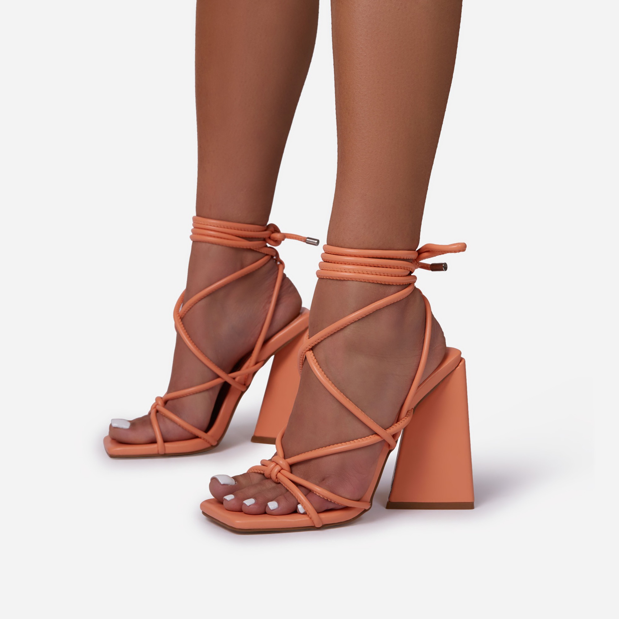 Date-Night Knotted Detail Lace Up Square Toe Sculptured Flared Block Heel In Orange Faux Leather, Orange (EGO SHOES)