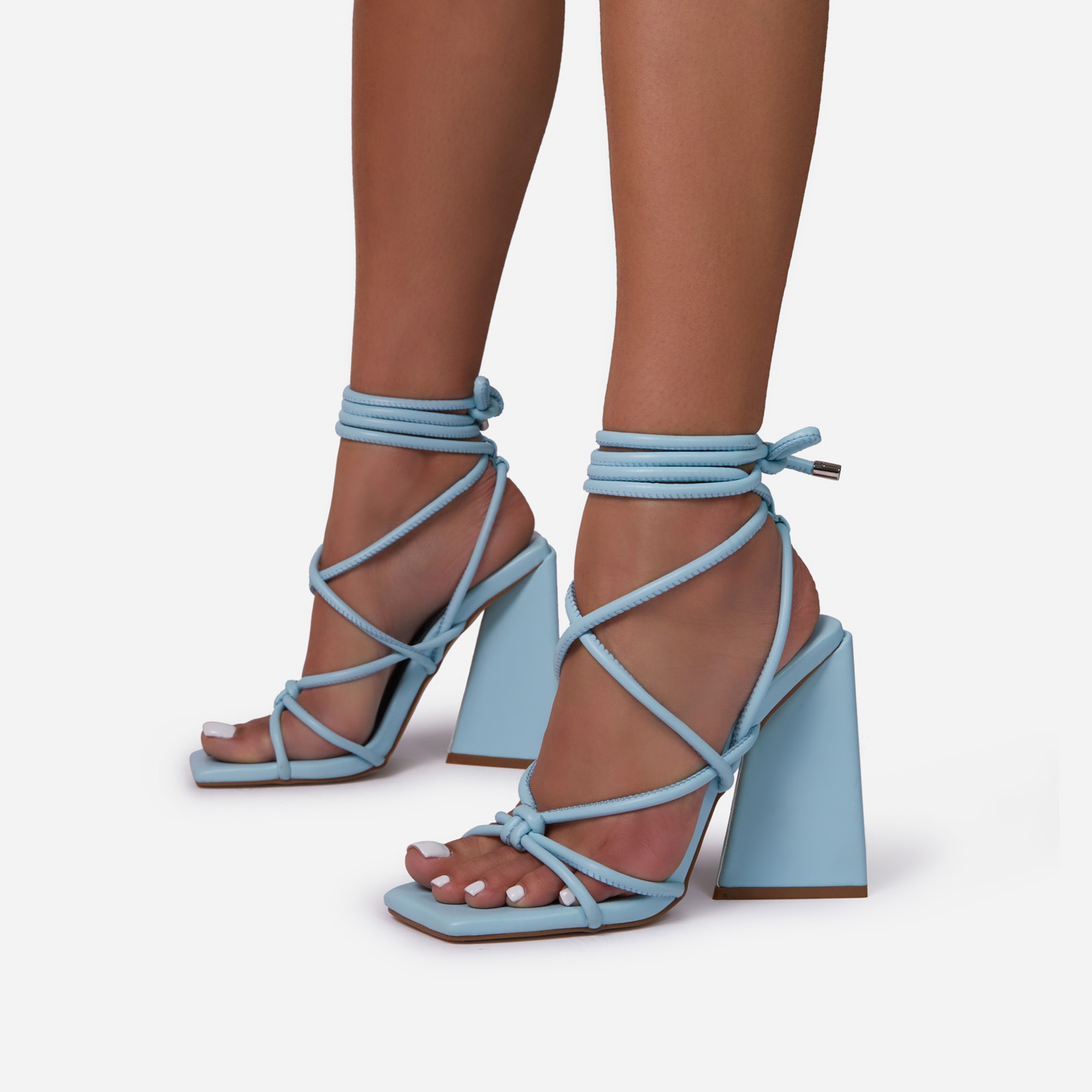 Date-Night Knotted Detail Lace Up Square Toe Sculptured Flared Block Heel In Light Blue Faux Leather, Blue (EGO SHOES)