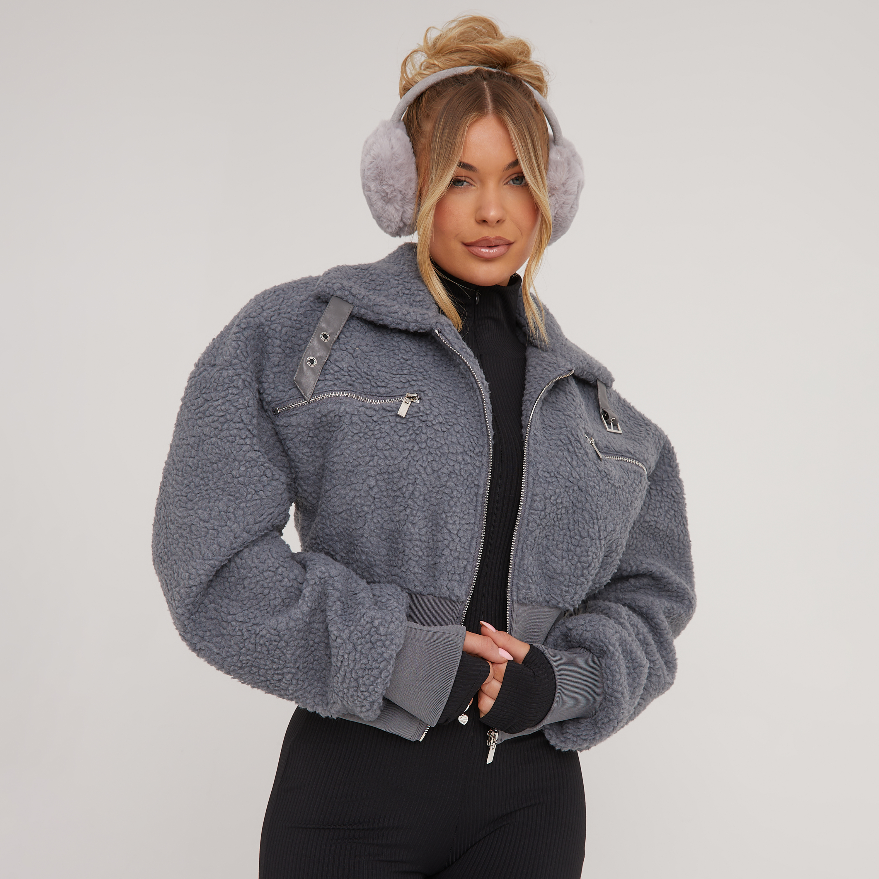 Cinched Waist Cropped Bomber Jacket In Grey Borg | EGO