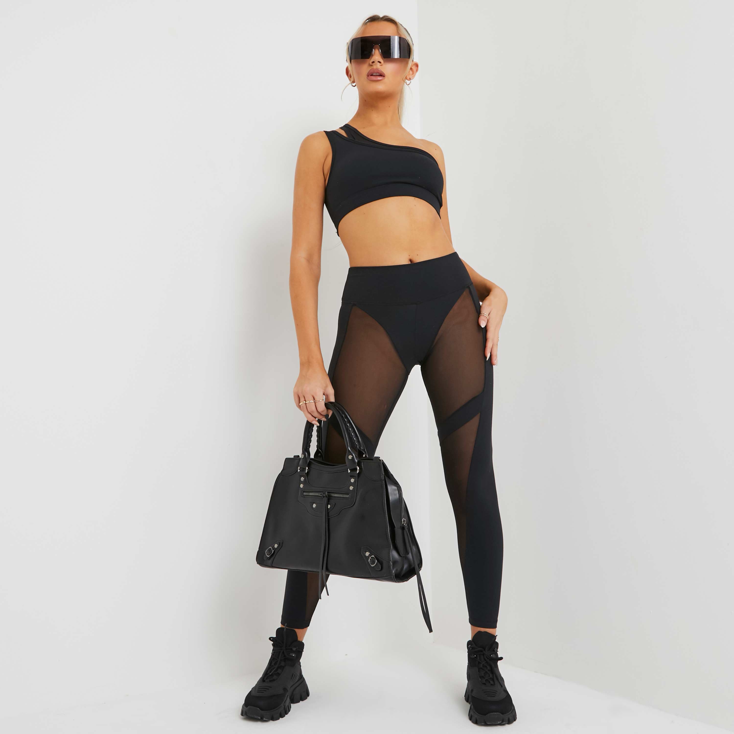 Ego High waist mesh panel gym leggings in black uk small s, black