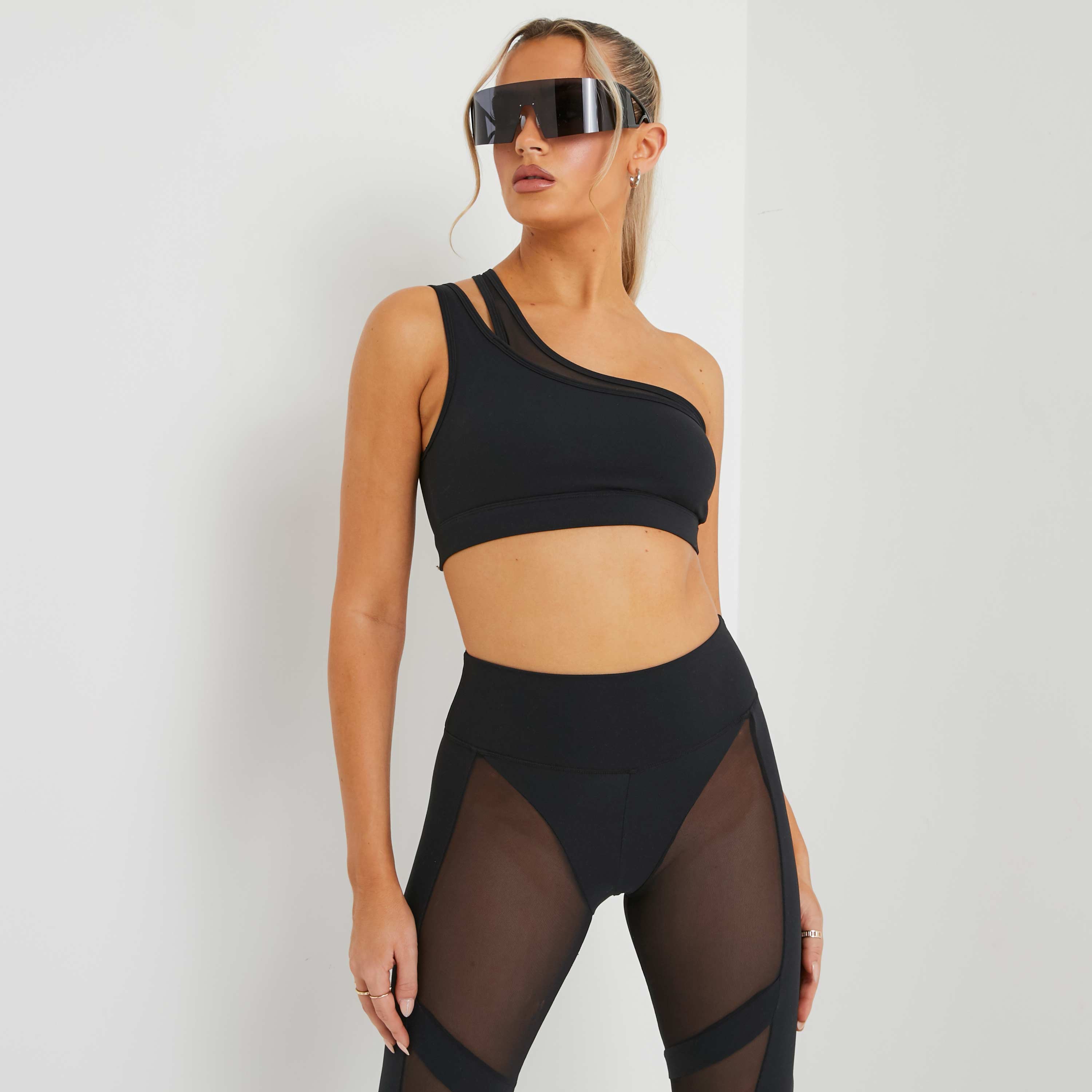 One Shoulder Mesh Insert Cropped Gym Top In Black UK Small S, Black