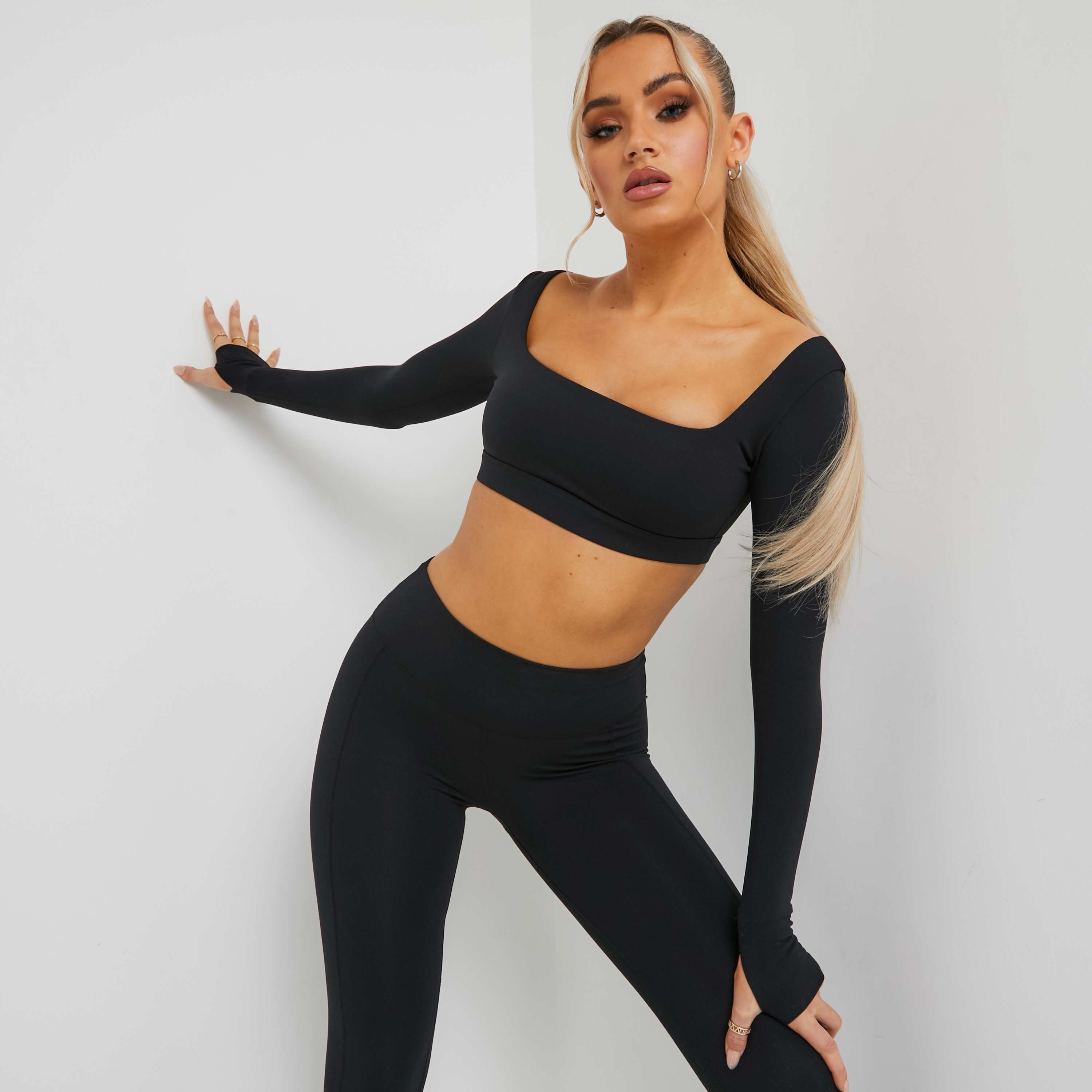 Long Sleeve Square Neck Cropped Gym Top In Black UK Small S, Black