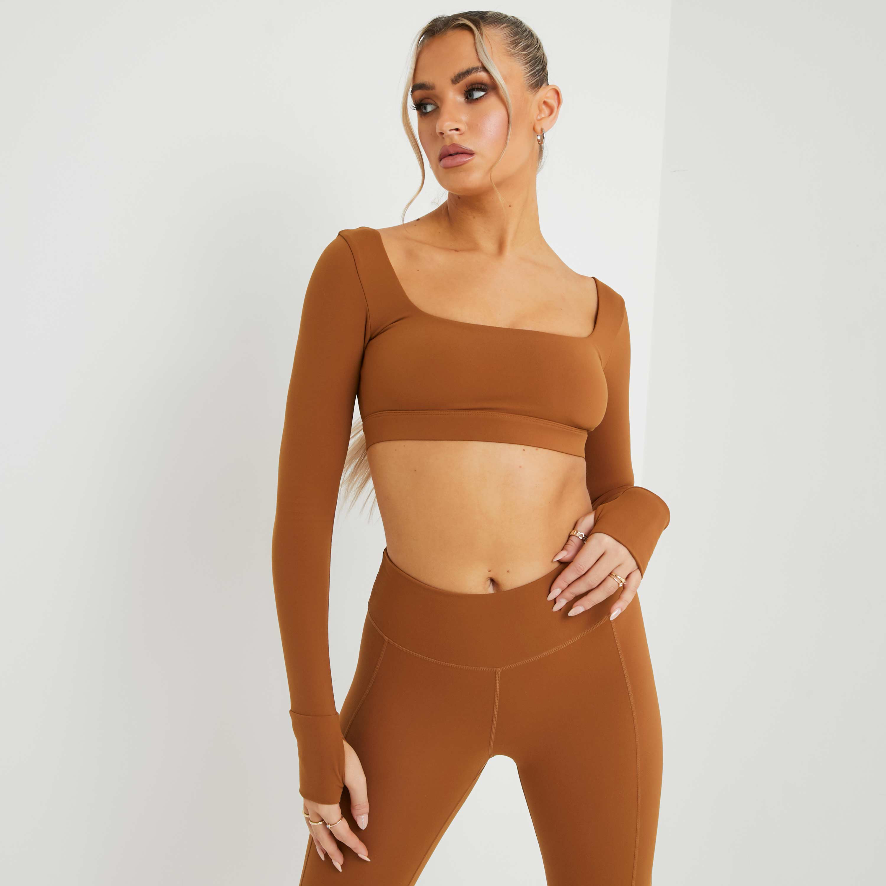 Long Sleeve Square Neck Cropped Gym Top In Brown UK Small S, Brown