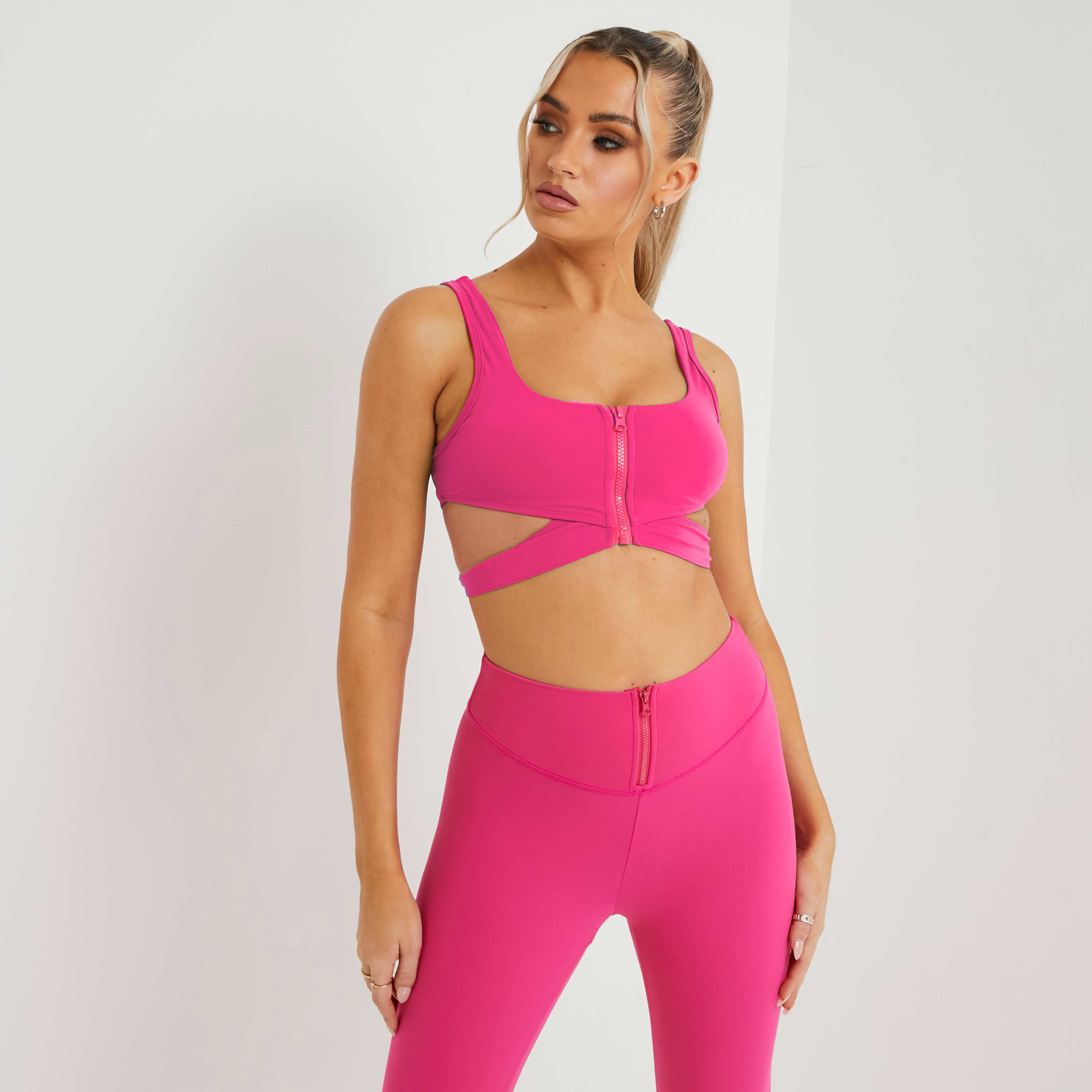 Zip Up Square Neck Cut Out Cross Strap Detail Sports Bra In Pink UK Small S, Pink