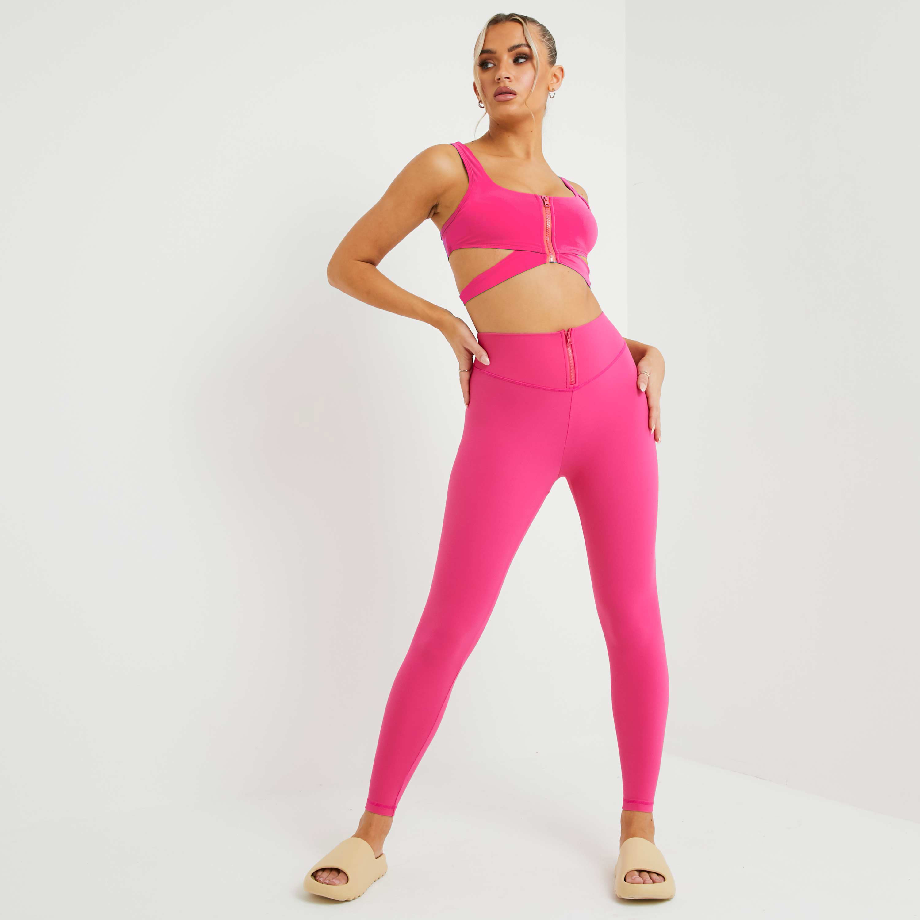High Waist Zip Up Detail Gym Leggings In Pink UK Small S, Pink