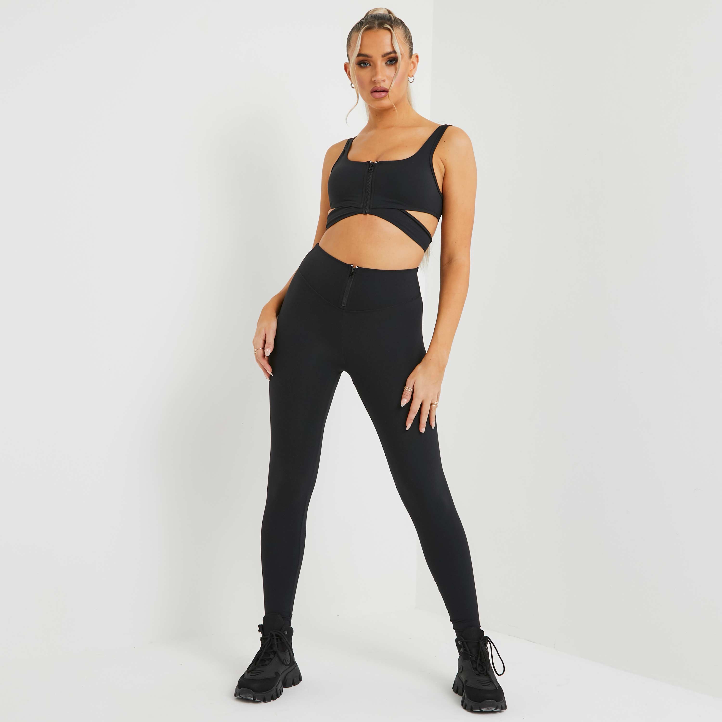High Waist Zip Up Detail Gym Leggings In Black UK Small S, Black