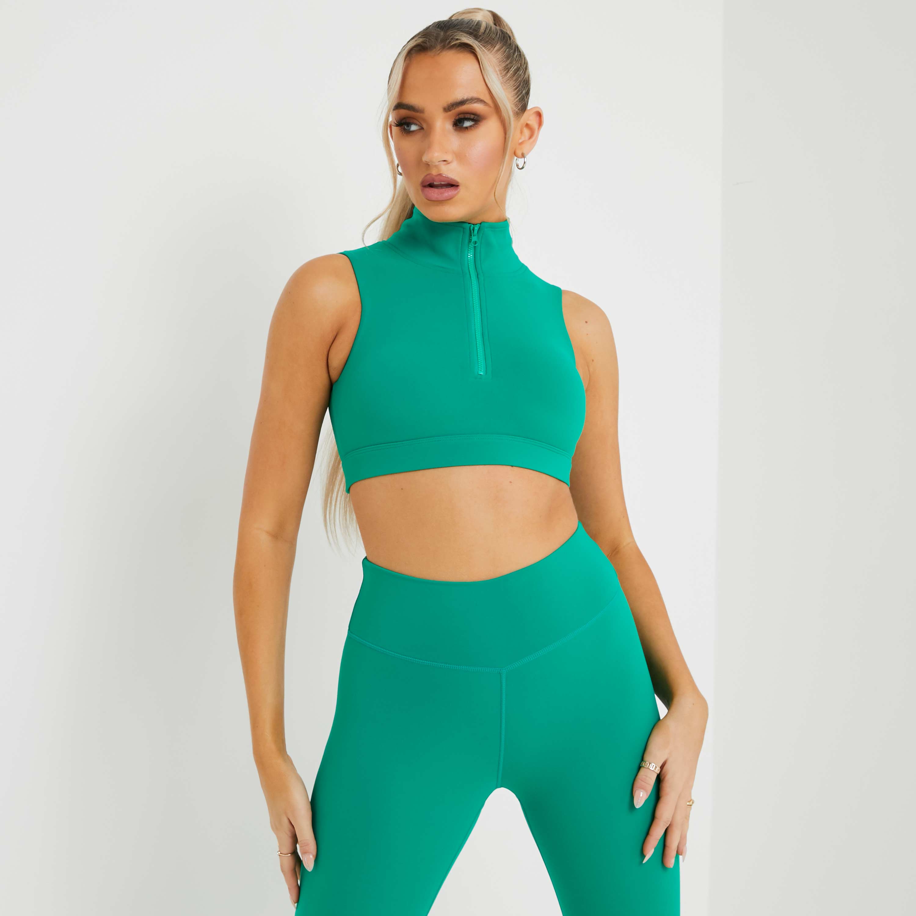High Neck Zip Up Sleeveless Cropped Gym Top In Green UK Small S, Green