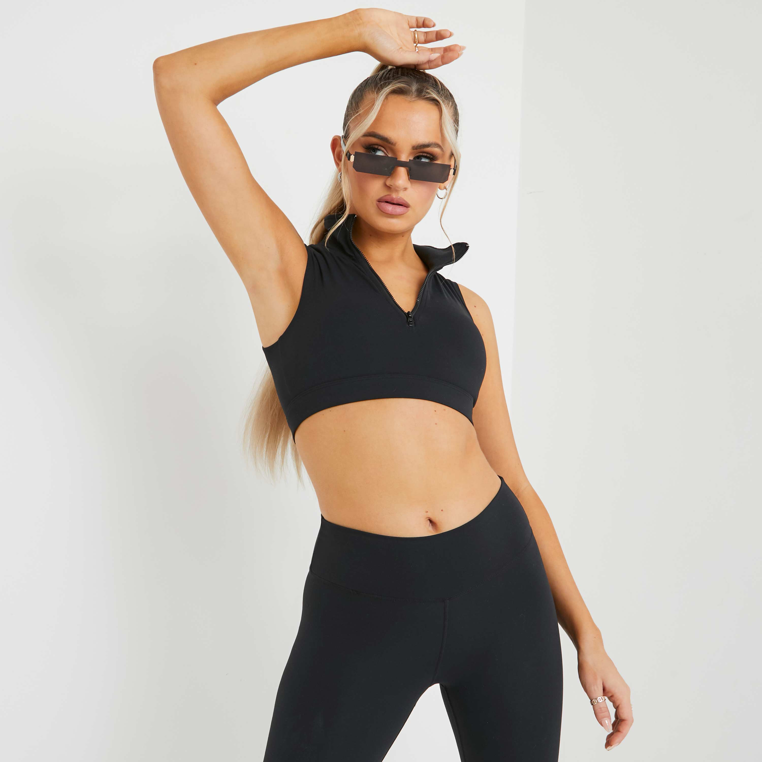 High Neck Zip Up Sleeveless Cropped Gym Top In Black UK Small S, Black