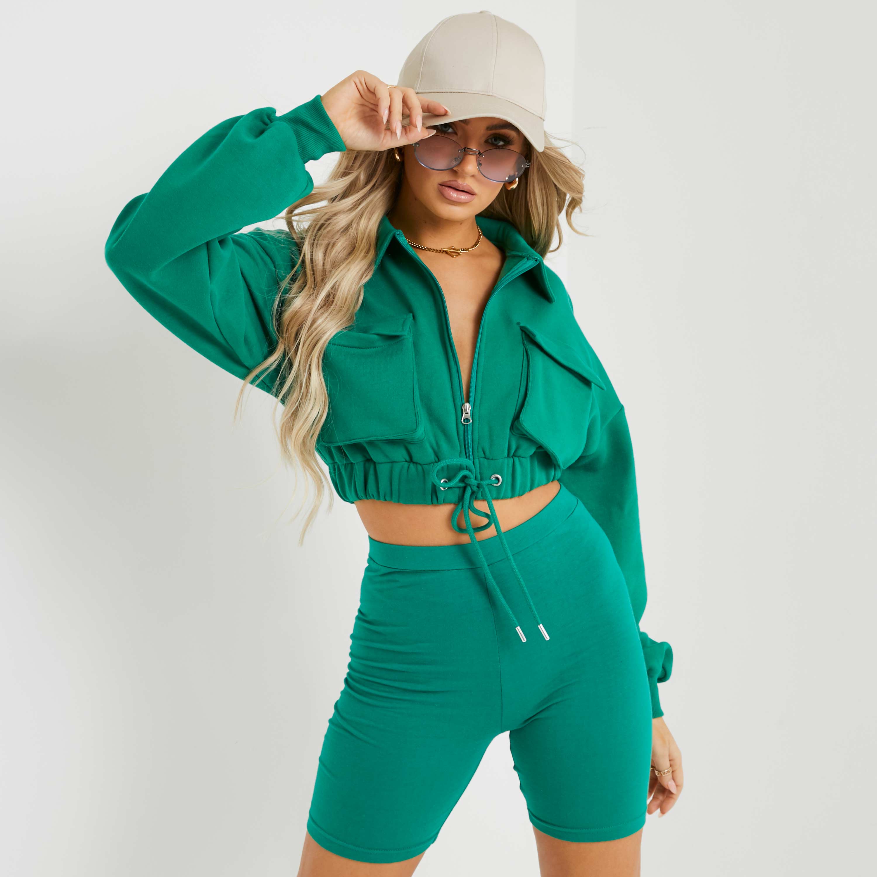 Zip Up Pocket Detail Long Sleeve Cropped Sweatshirt In Green UK 14, Green (EGO SHOES)