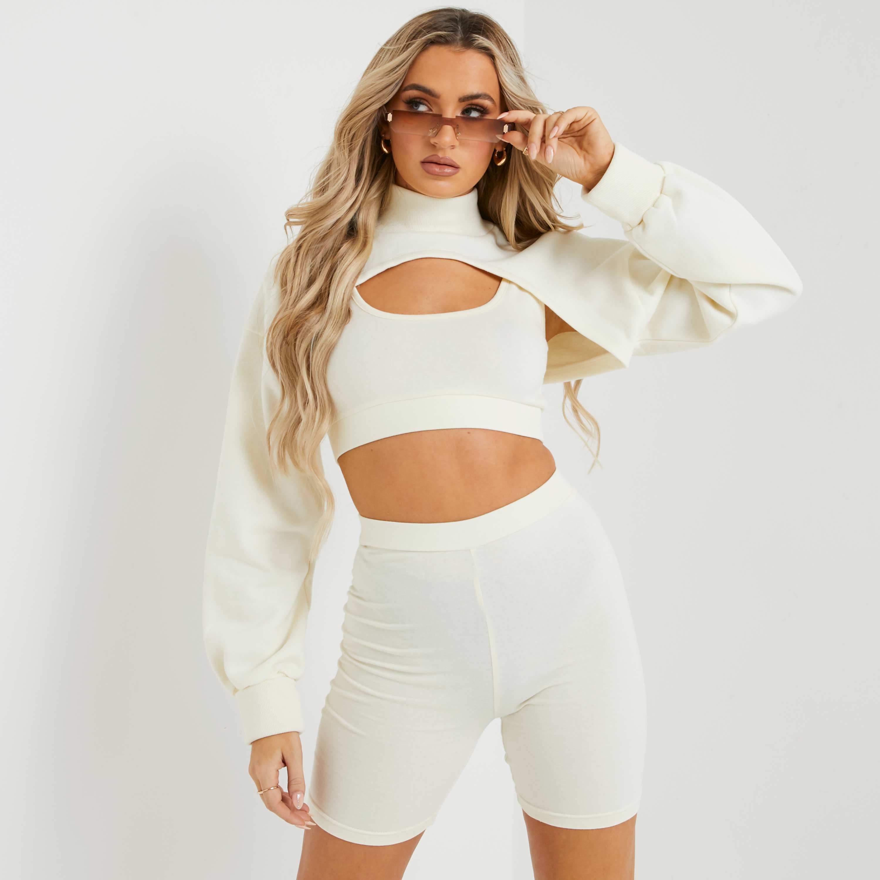 High Neck Long Sleeve Ultra Cropped Sweatshirt In Cream Nude, Nude (EGO SHOES)