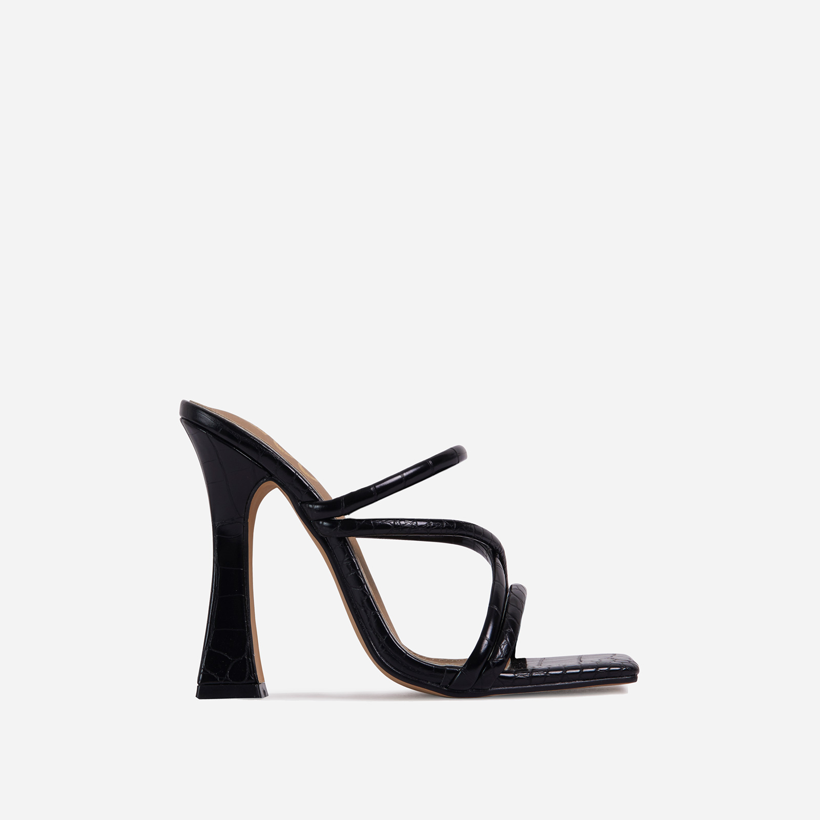 Wonder Strappy Detail Square Toe Flared Block Heel Mule In Black Croc Print Faux Leather, Black (EGO SHOES)