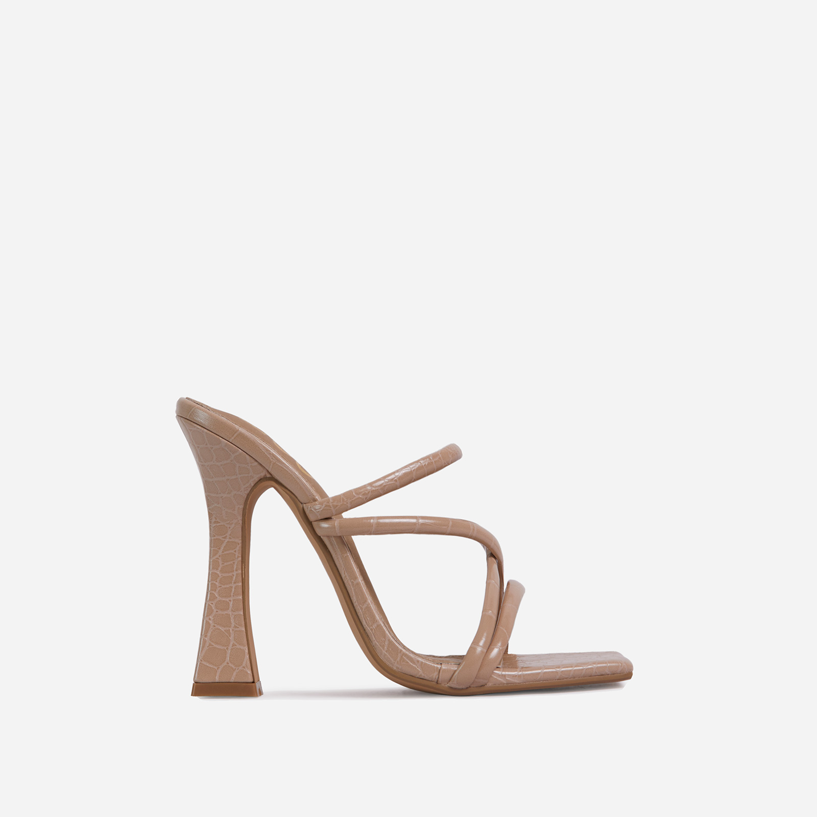 Wonder Strappy Detail Square Toe Flared Block Heel Mule In Nude Croc Print Faux Leather, Nude (EGO SHOES)