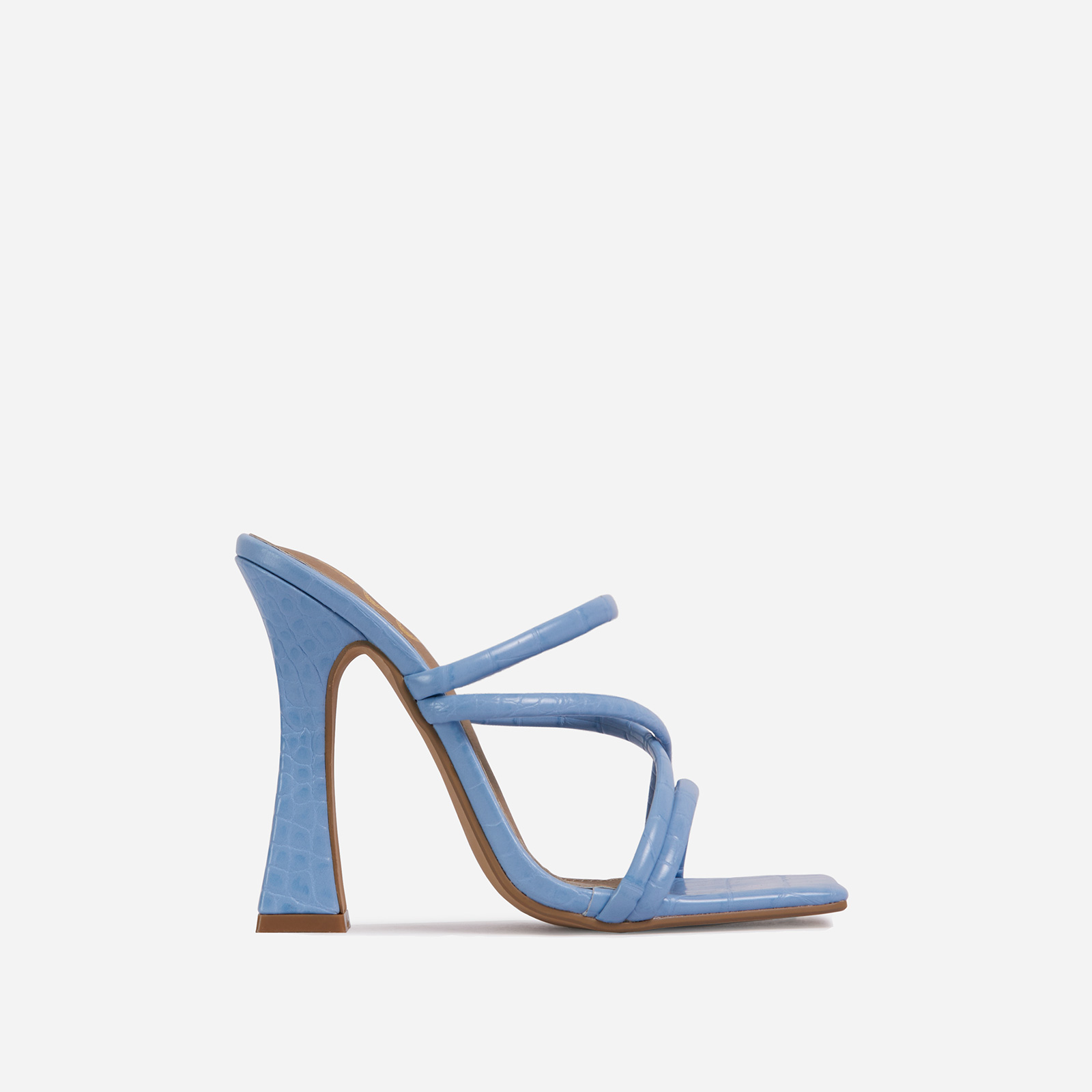 Wonder Strappy Detail Square Toe Flared Block Heel Mule In Blue Croc Print Faux Leather, Blue (EGO SHOES)