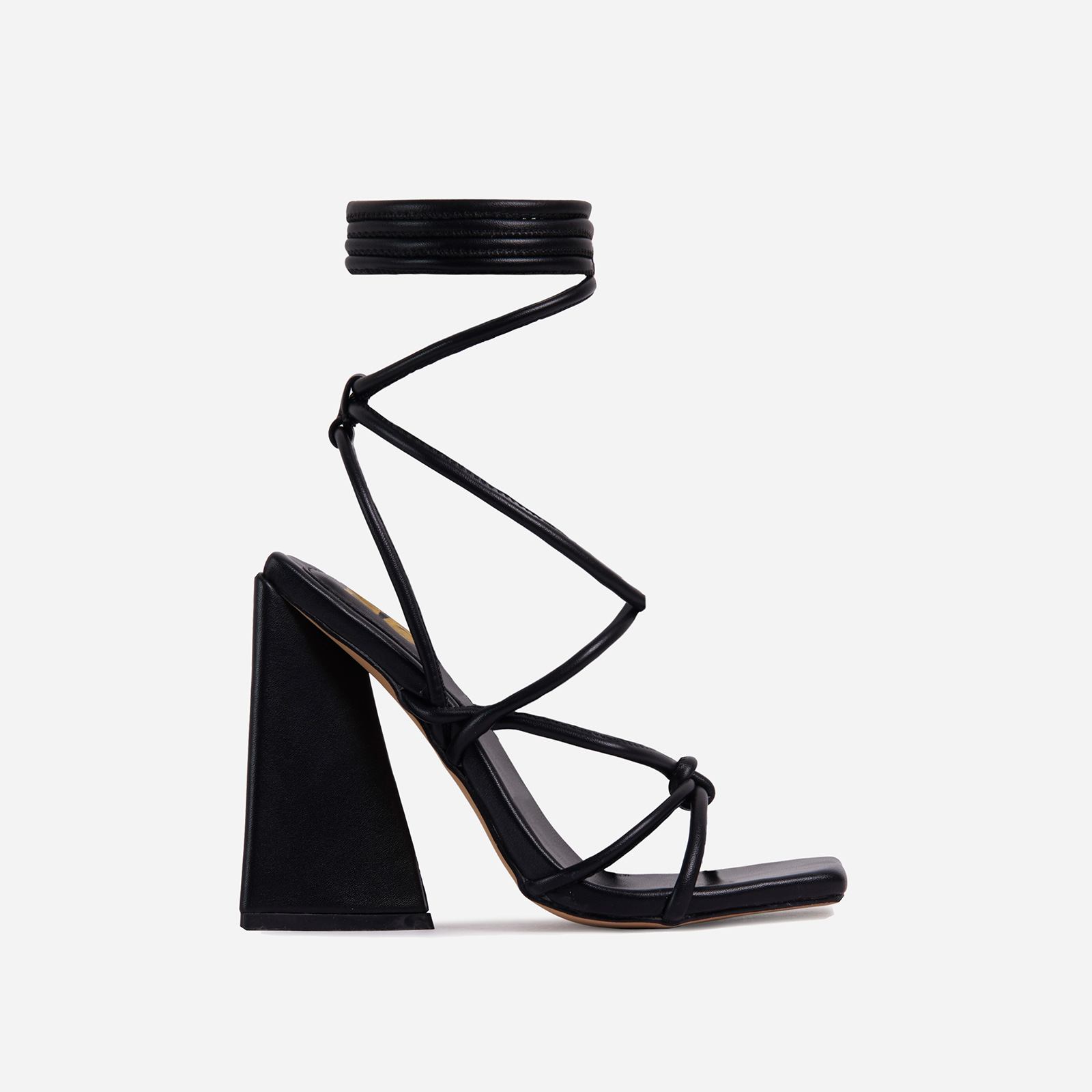 Date-Night Knotted Detail Lace Up Square Toe Sculptured Flared Block Heel In Black Faux Leather, Black (EGO SHOES)