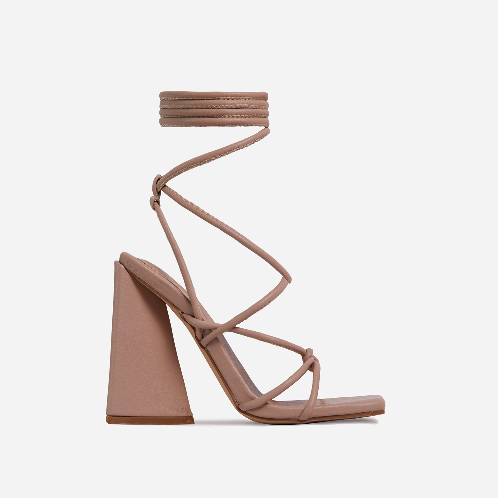 Date-Night Knotted Detail Lace Up Square Toe Sculptured Flared Block Heel In Nude Faux Leather, Nude (EGO SHOES)