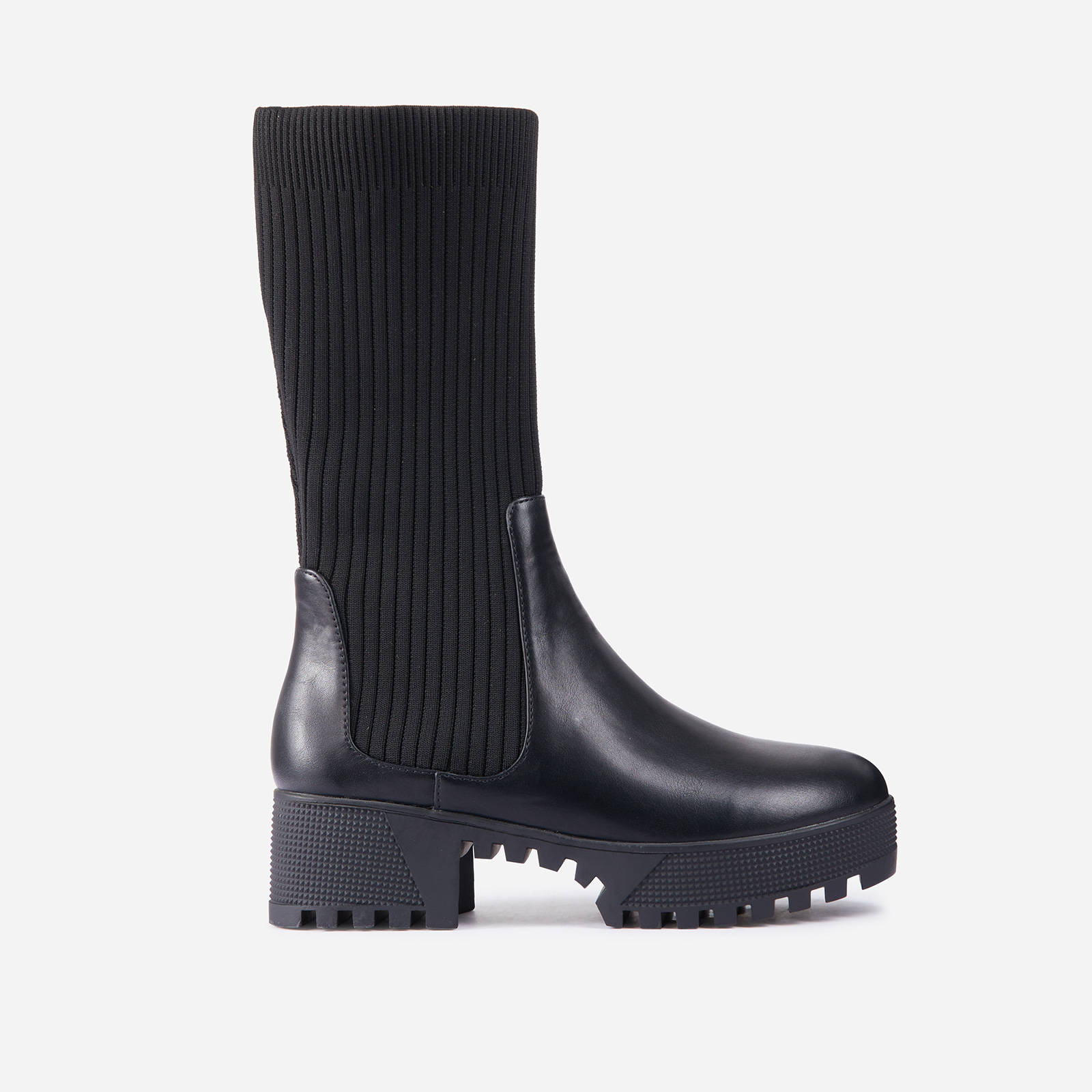 Hint Ribbed Mid Calf Chunky Sole Ankle Bike Boot In Black Faux Leather, Black (EGO SHOES)