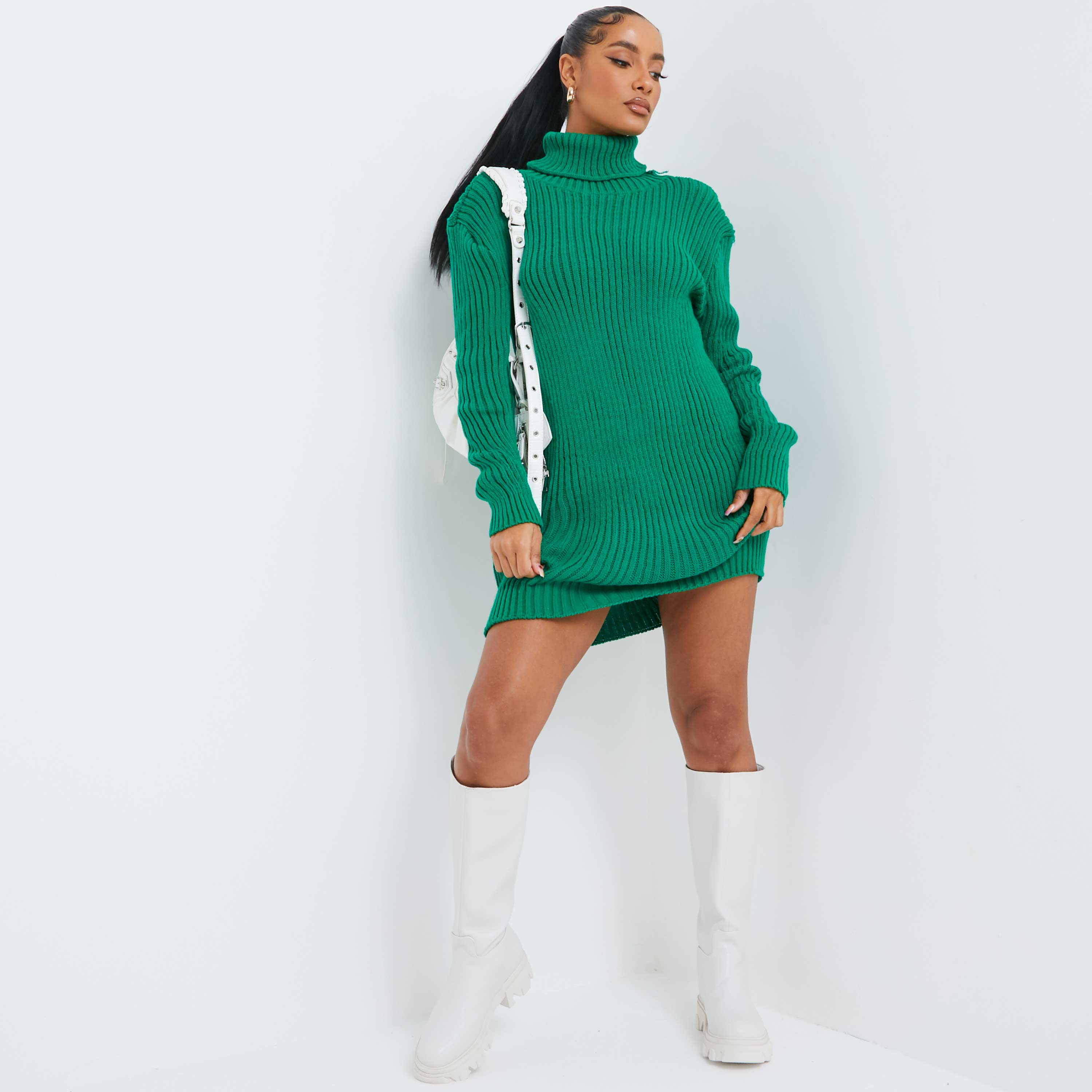 Knitted Roll Neck Mini Dress In Green UK Medium/Large M/L, Green