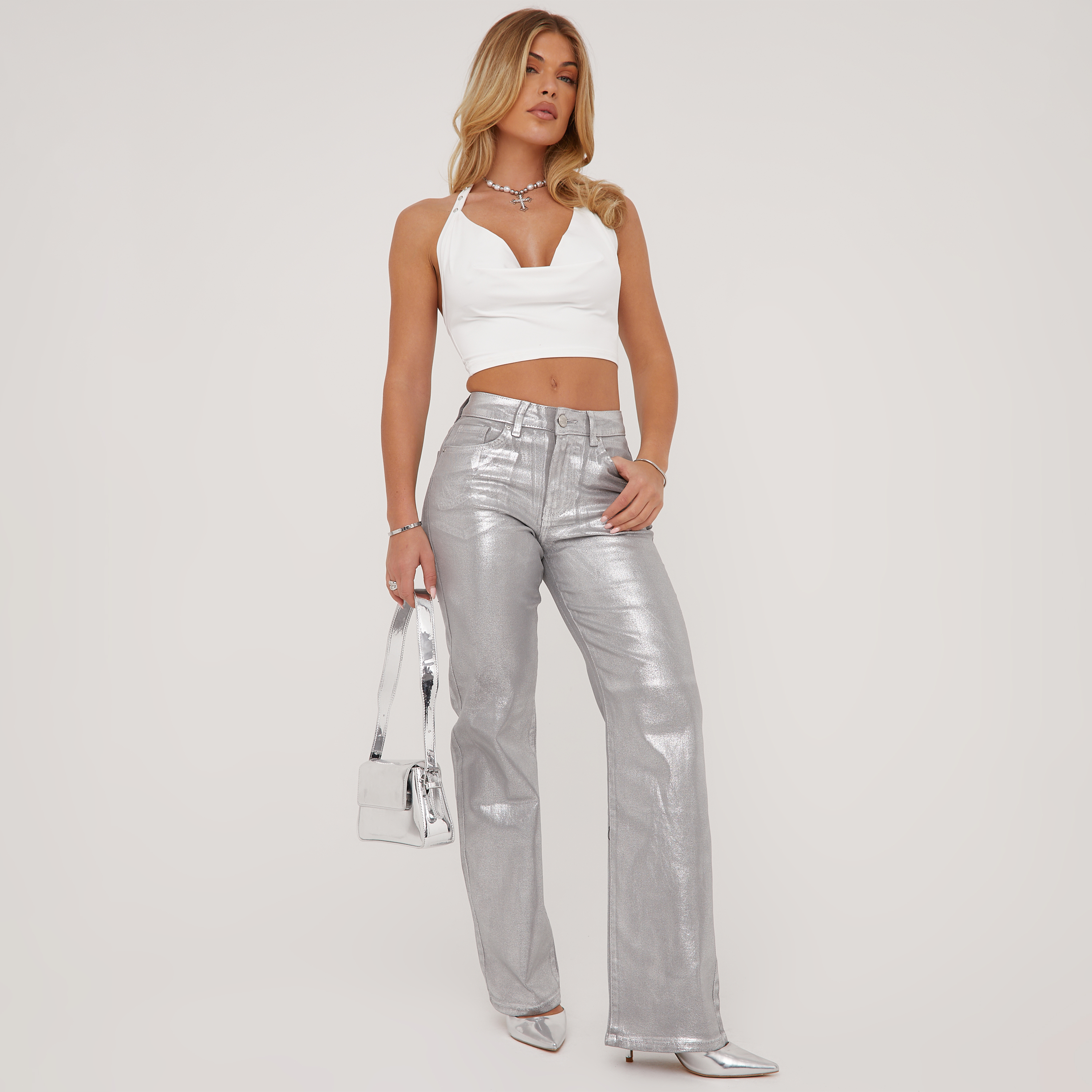 Mid Rise Silver Metallic Foil Spray Detail Straight Leg Jeans In 