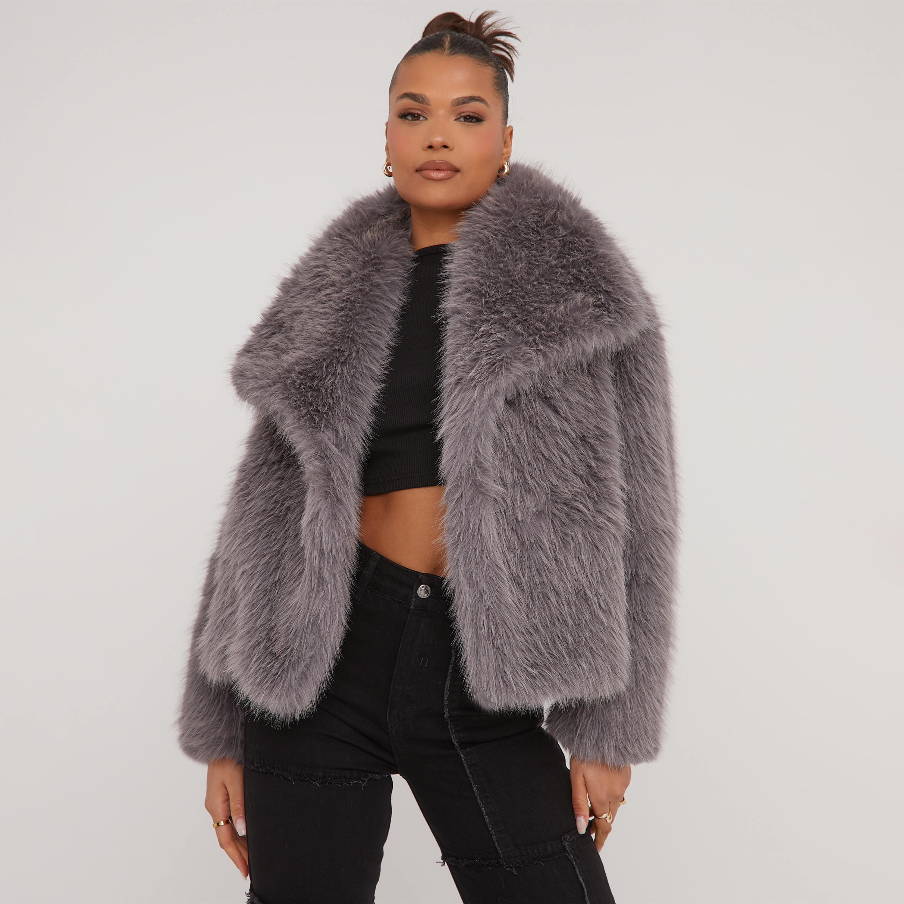 Grey cropped cheap fur coat