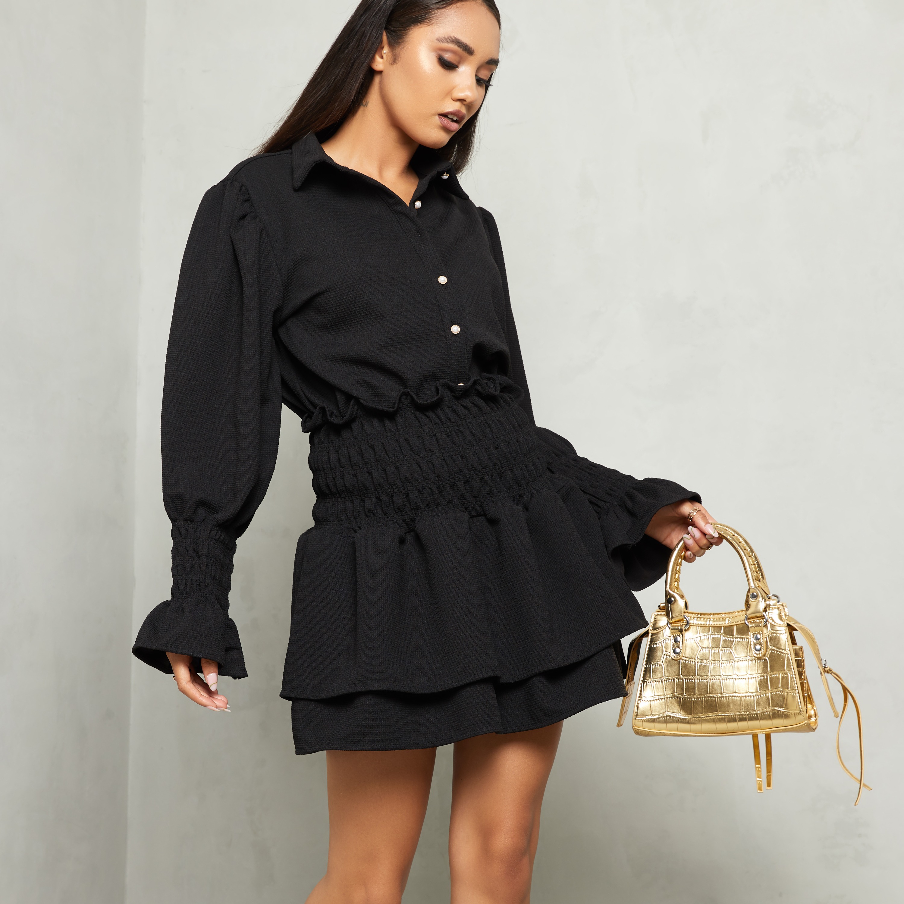 Ruffled Blouse And Mini Skirt Co Ord Set In Black UK Medium/Large M/L, Black