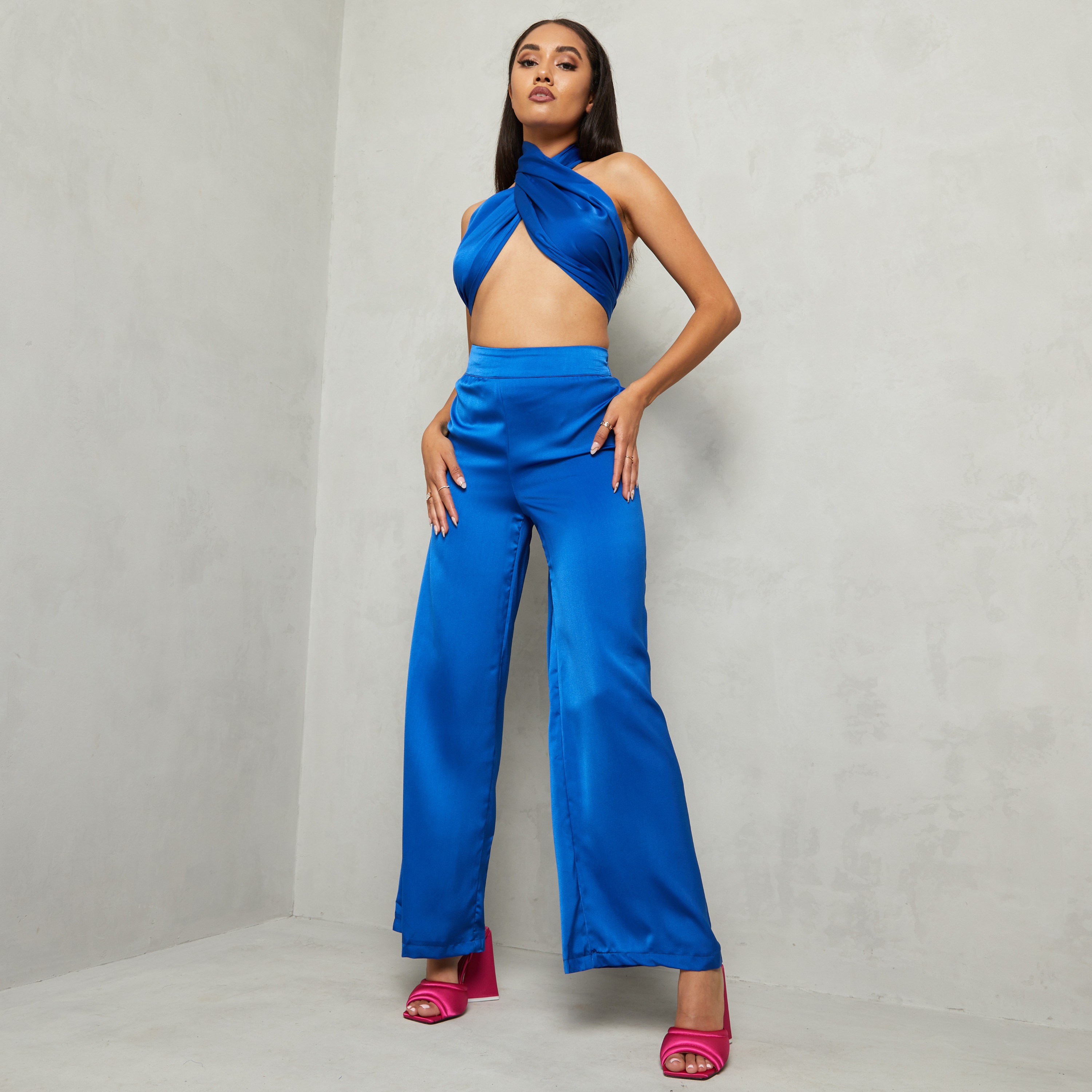 Crossover Top and Trousers Co-Ord Set In Blue UK Medium M, Blue
