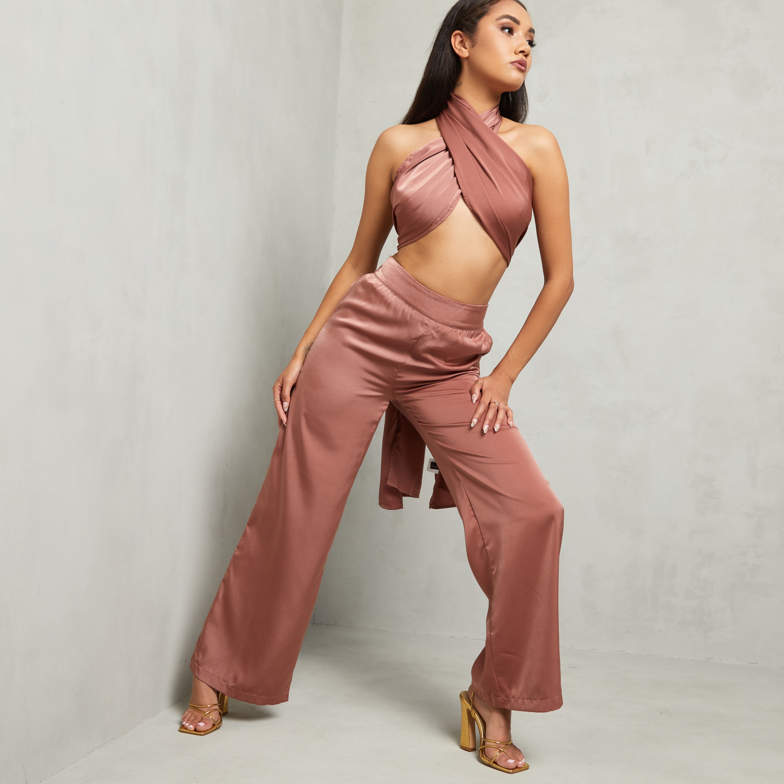 Crossover Top and Trousers Co-Ord Set In Brown UK Medium M, Brown