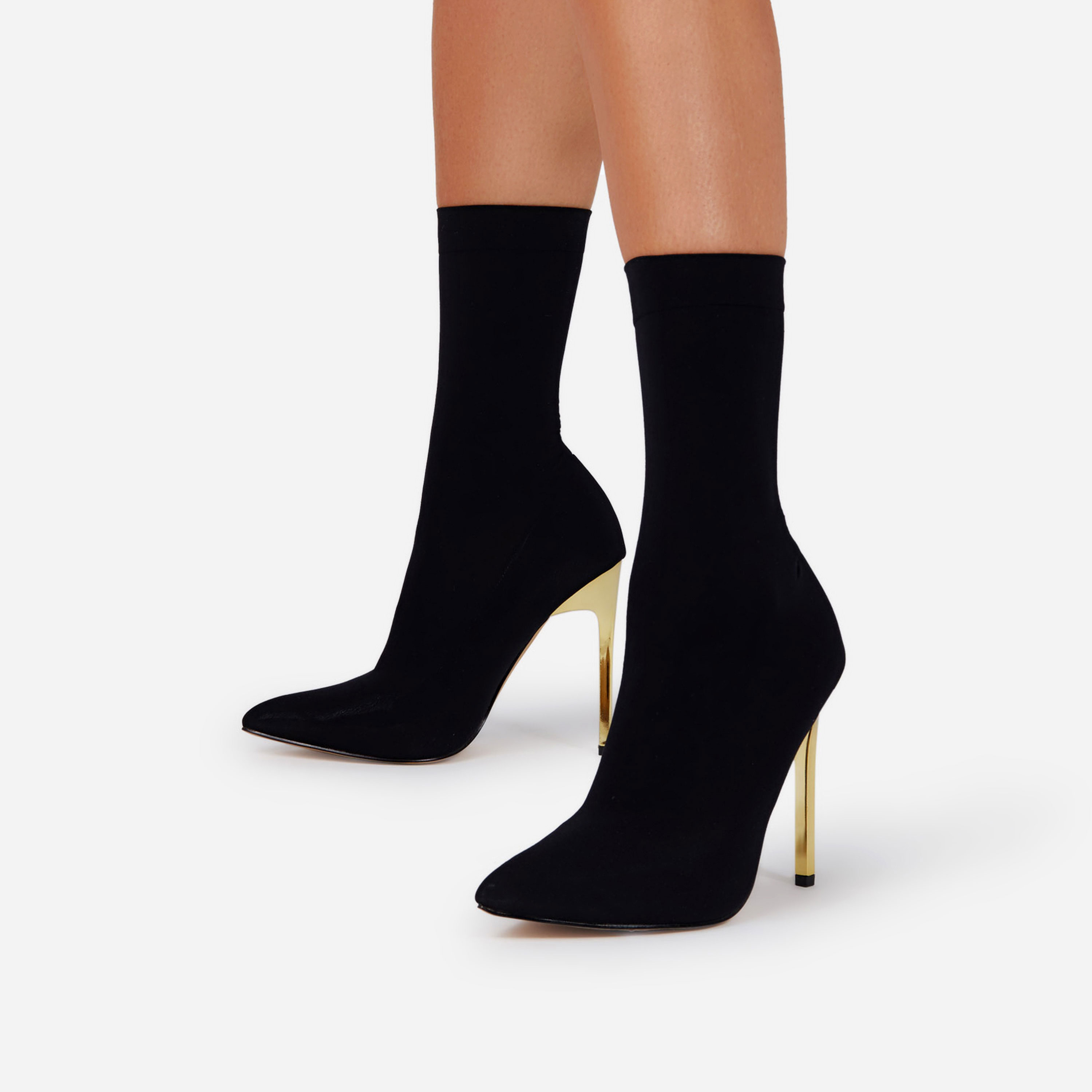 Valentina Pointed Toe Metallic Heel Ankle Sock Boot In Black Sheer Knit, Black (EGO SHOES)