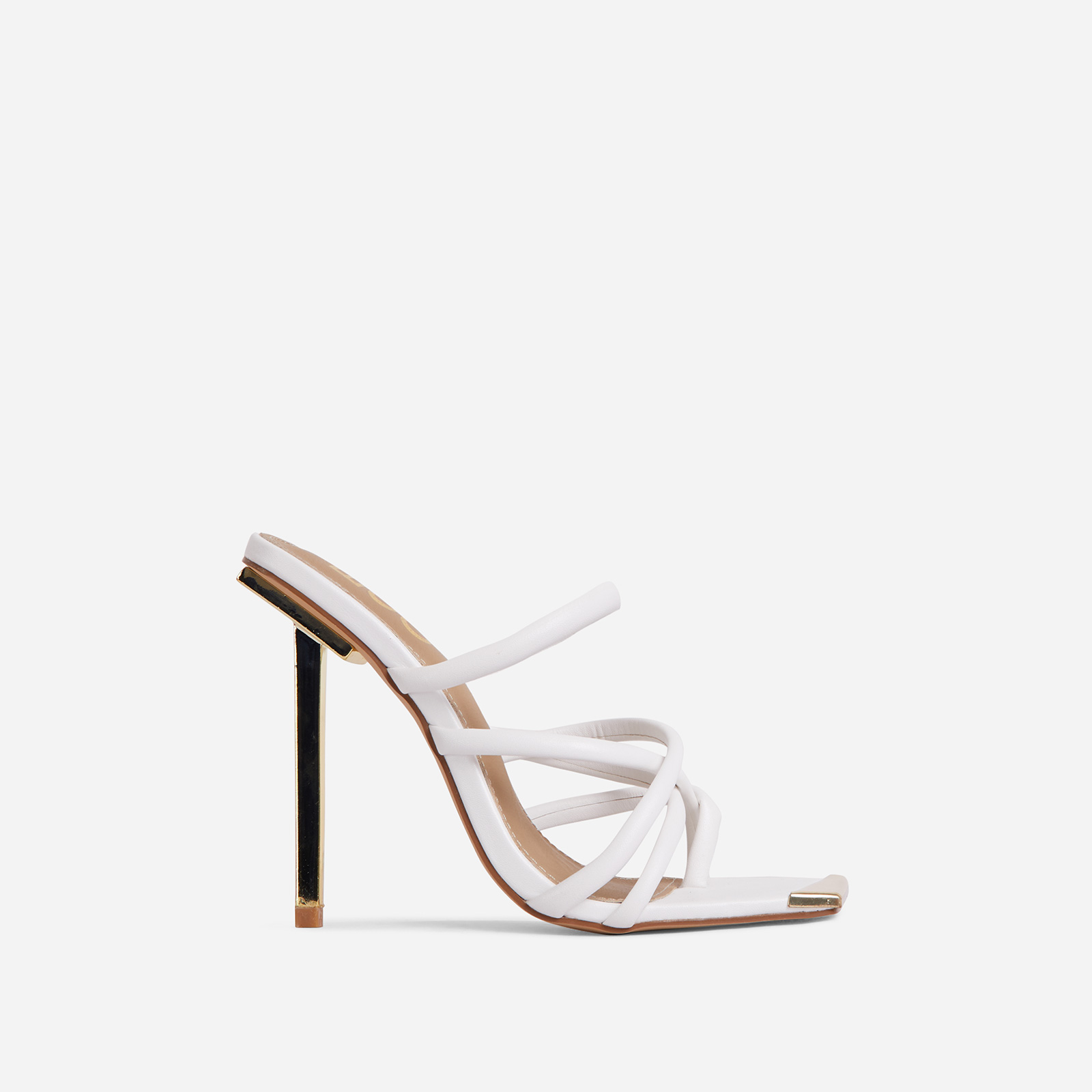 Radical Strappy Square Toe Metallic Heel Mule In White Faux Leather, White (EGO SHOES)