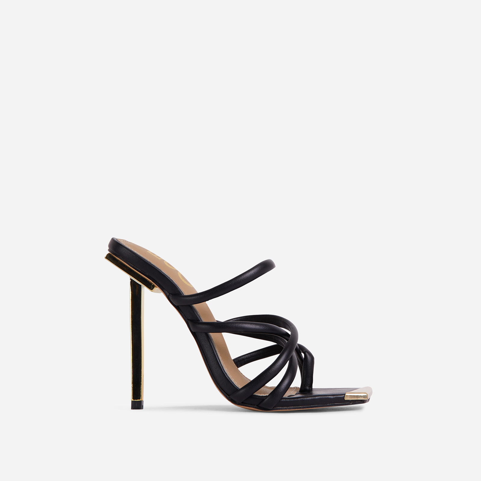 Radical Strappy Square Toe Metallic Heel Mule In Black Faux Leather, Black (EGO SHOES)