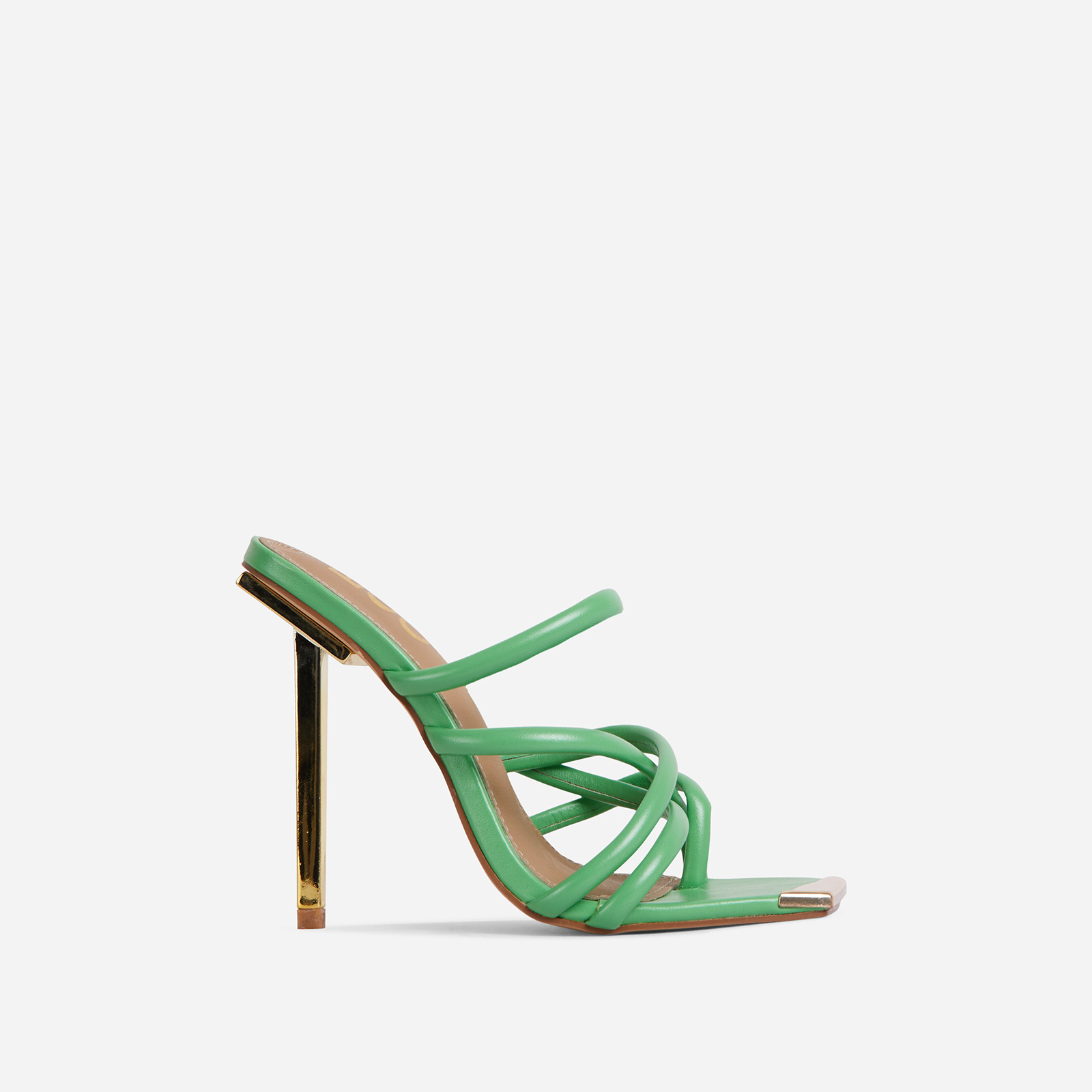 Radical Strappy Square Toe Metallic Heel Mule In Green Faux Leather, Green (EGO SHOES)