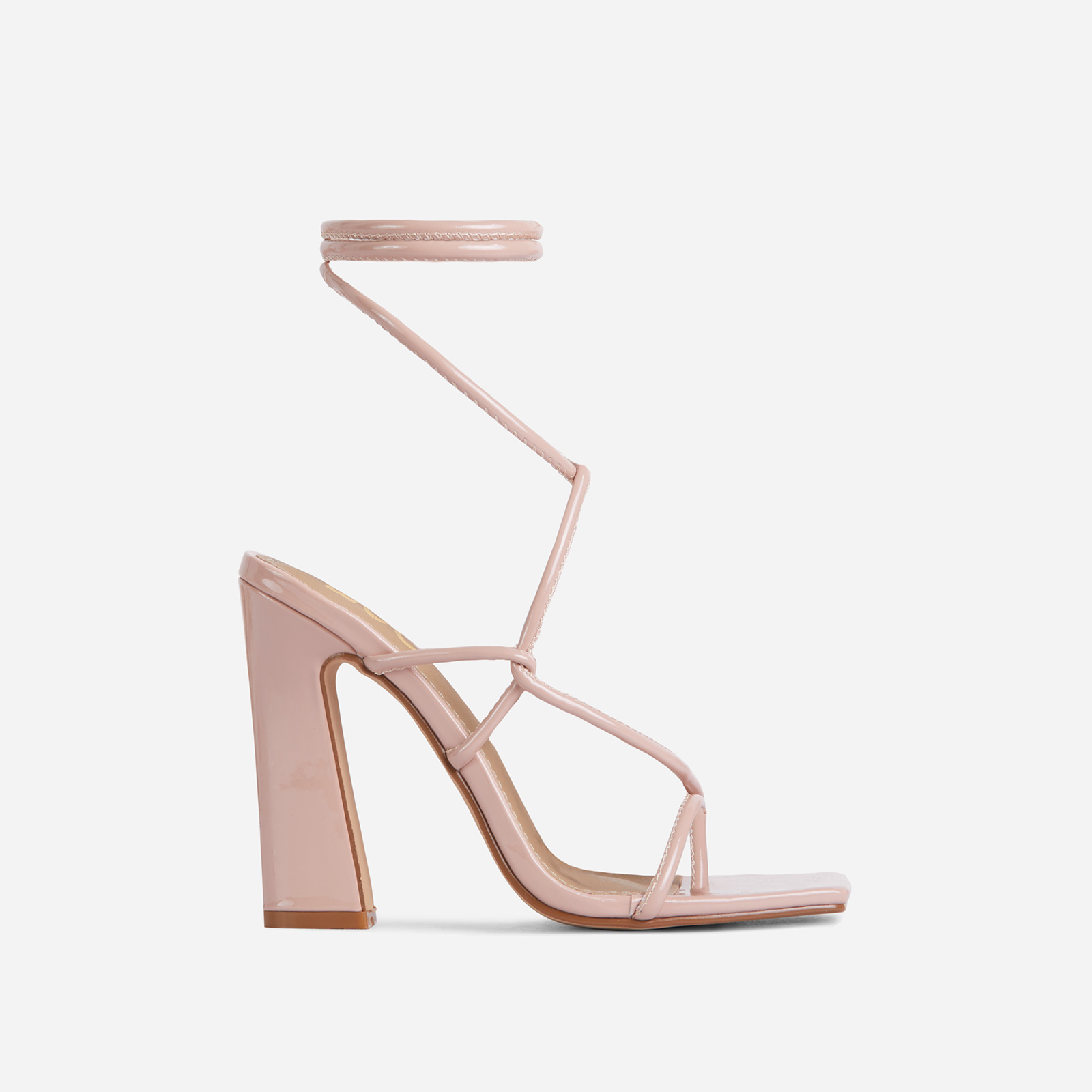 Faith Lace Up Square Toe Flared Block Heel In Nude Patent, Nude (EGO SHOES)