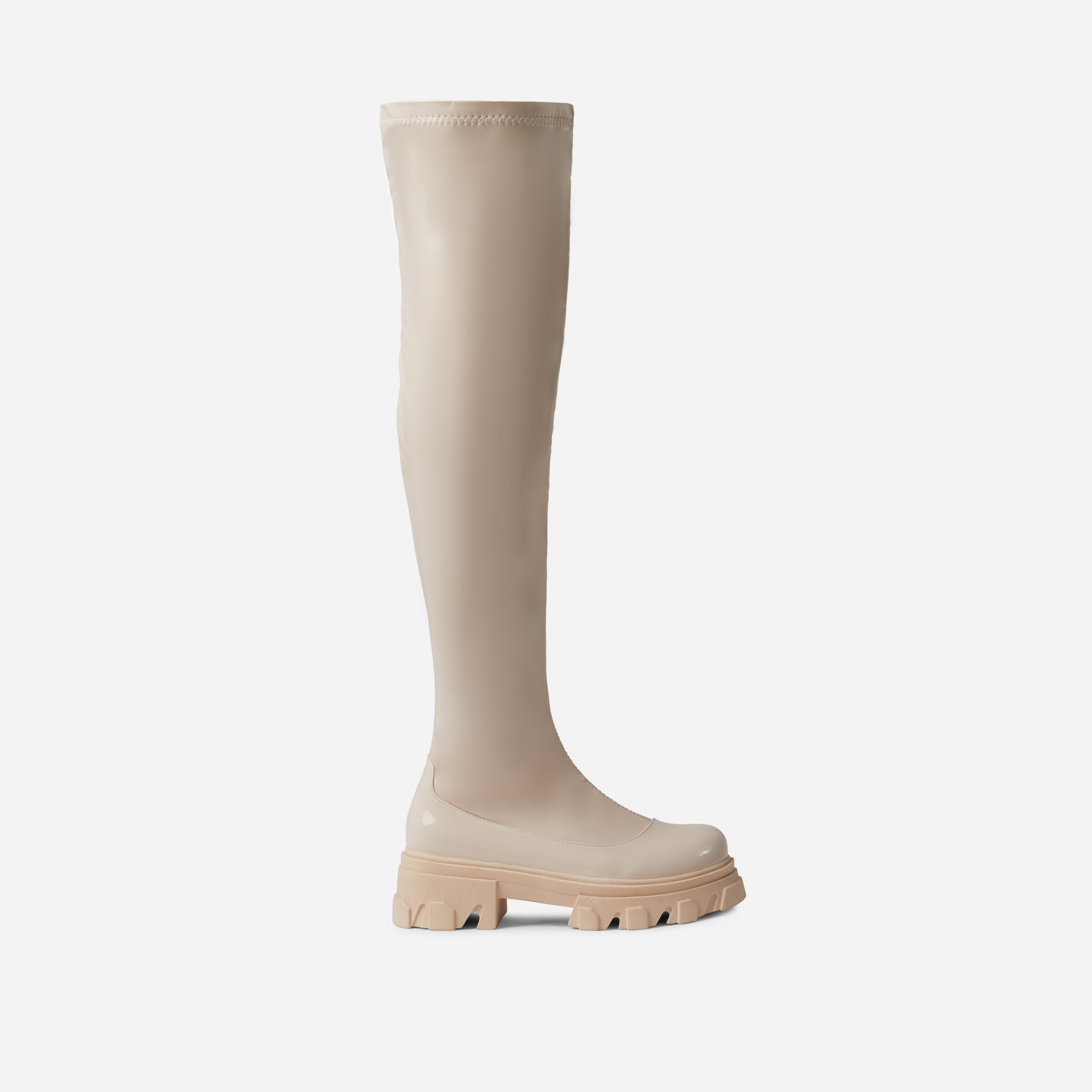 Persevere Chunky Sole Over The Knee Thigh High Long Boot In Cream Nude Patent, Nude (EGO SHOES)