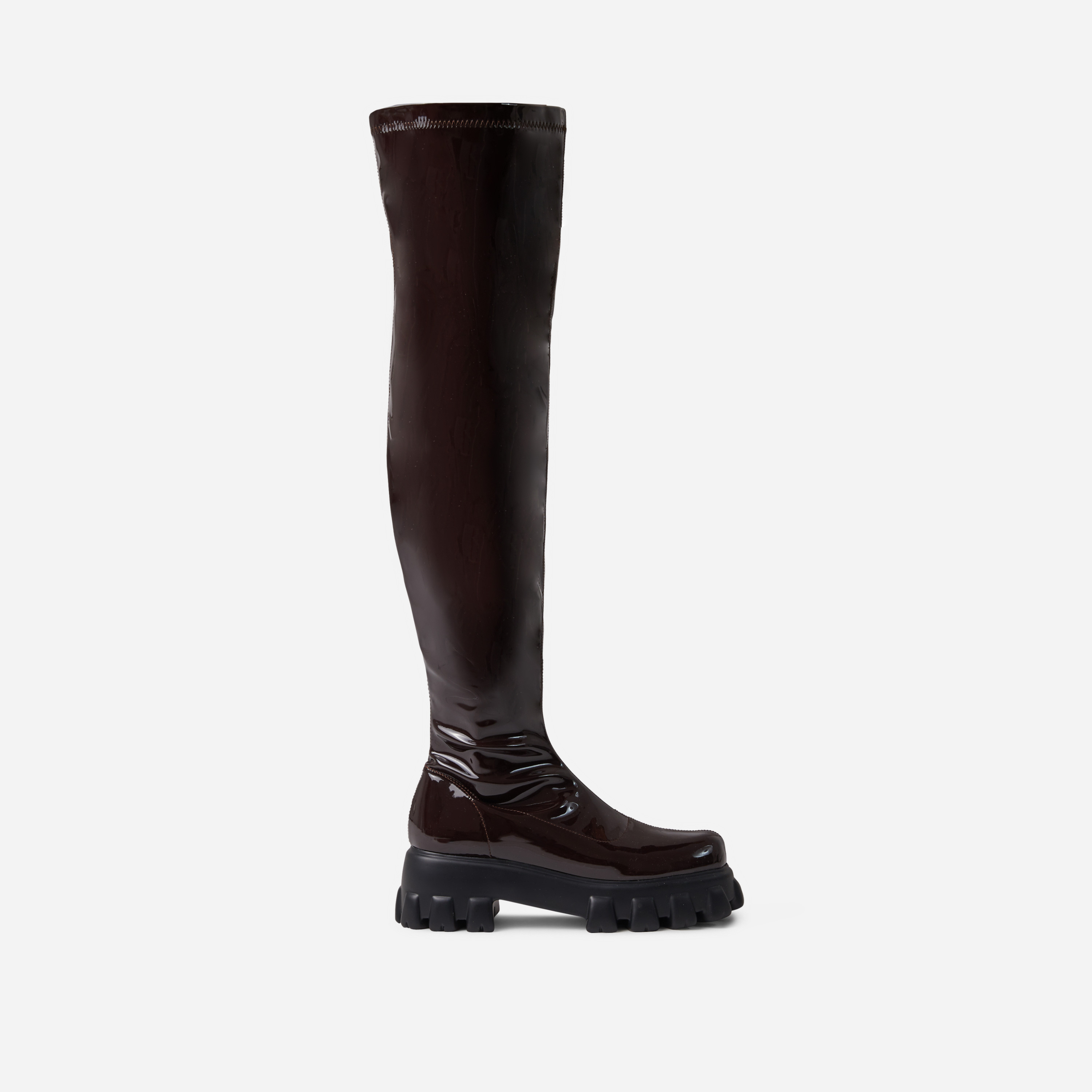 Halle Chunky Sole Over The Knee Thigh High Long Biker Boot In Dark Brown Patent, Brown (EGO SHOES)