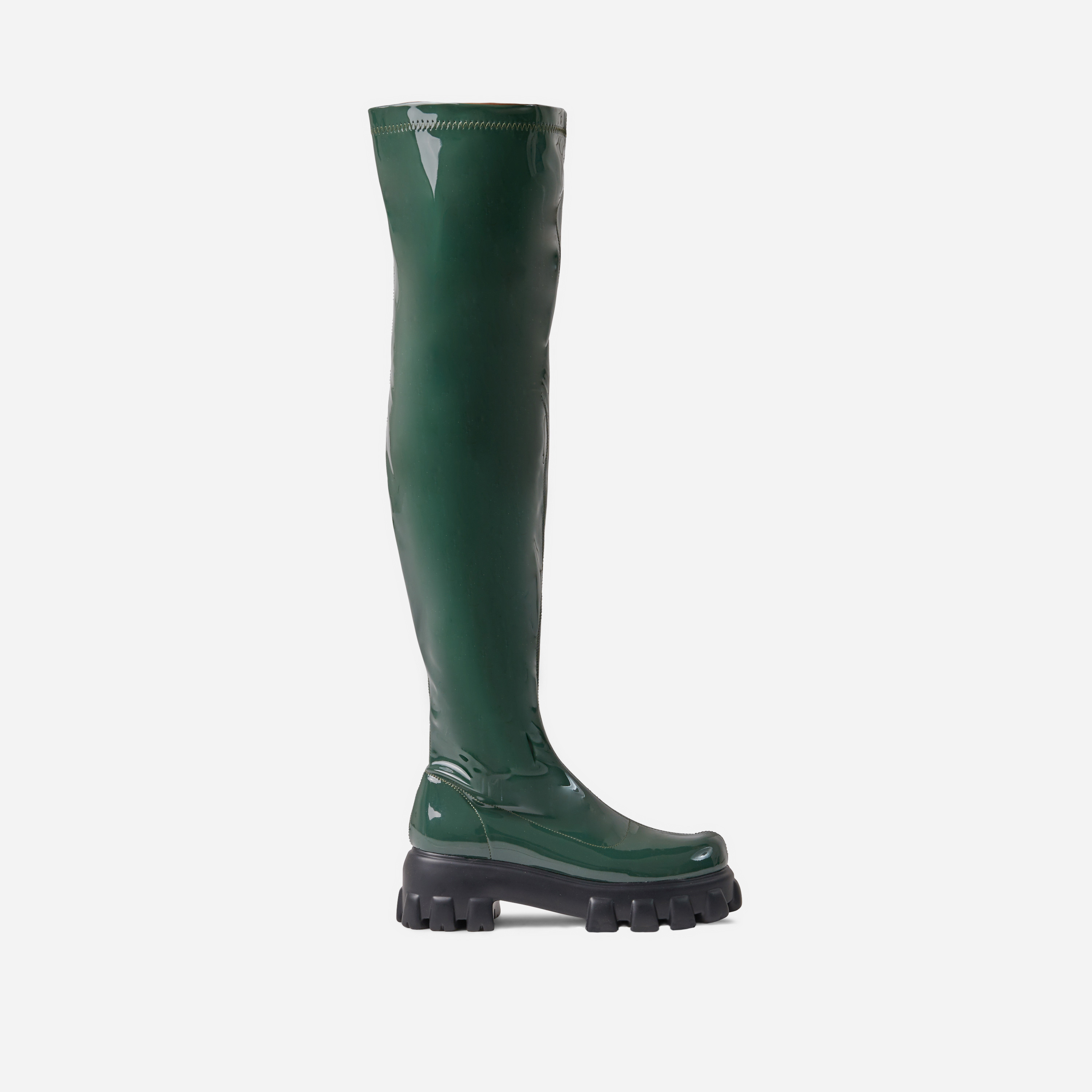 Halle Chunky Sole Over The Knee Thigh High Long Biker Boot In Dark Green Patent, Green (EGO SHOES)