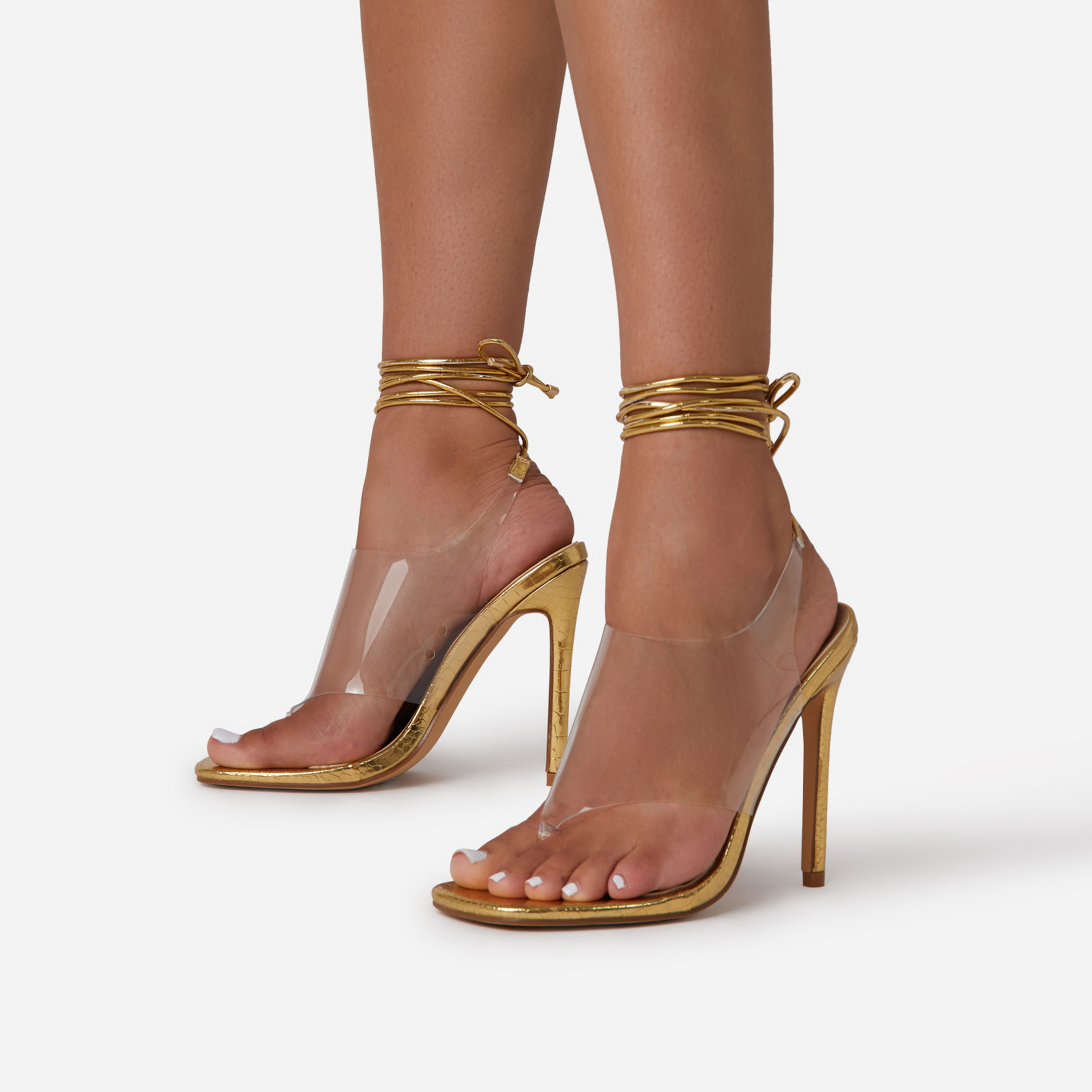 Lia Clear Perspex Caged Strap Lace Up Square Toe Heel In Gold Metallic Croc Print Faux Leather, Gold (EGO SHOES)